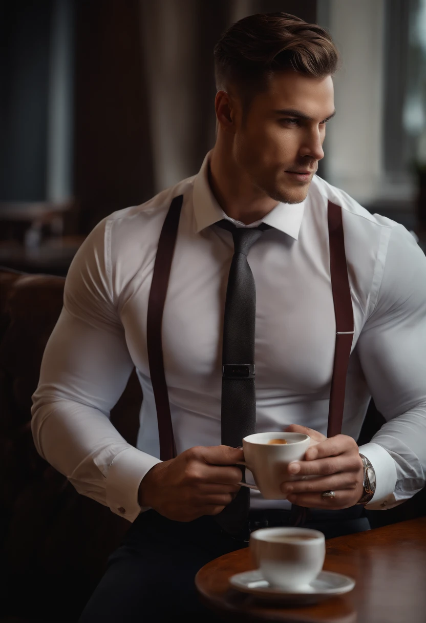 1man,
a 30 y.o muscular male wearing long-sleeve white shirt and tie, drinking coffee,
soft lighting,
masterpiece, best quality, 8k uhd, dslr, film grain, Fujifilm XT3 photorealistic painting art by midjourney and greg rutkowski