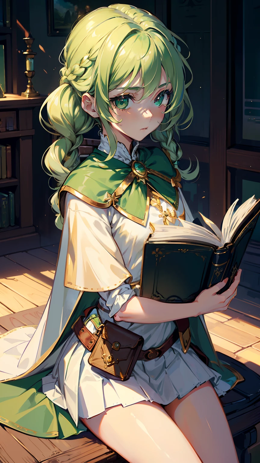 masterpiece, ultra detailed, 8k portrait, RAW photo, portrait photography, highly detailed face, beautiful and meticulous eyes, ((Fantasy)), Young beautiful, 15 years old, (((drooping eyes))), dynamic pose, (((short wavy light green hair))), ((braided twin tail)), parted bangs, White skin color, Luxury, (((white tunic and skirt))), (((green cape))), (((golden brooch))), (((little waist hip pouch))), high cut leather boots, ((holding magic book)), Midday Sun, hyper realistic, slender body, flat chest, Long legs, in the medieval magic classroom, Ambient lighting, Shadow details , Camera focus on face, strong breeze, Light fog