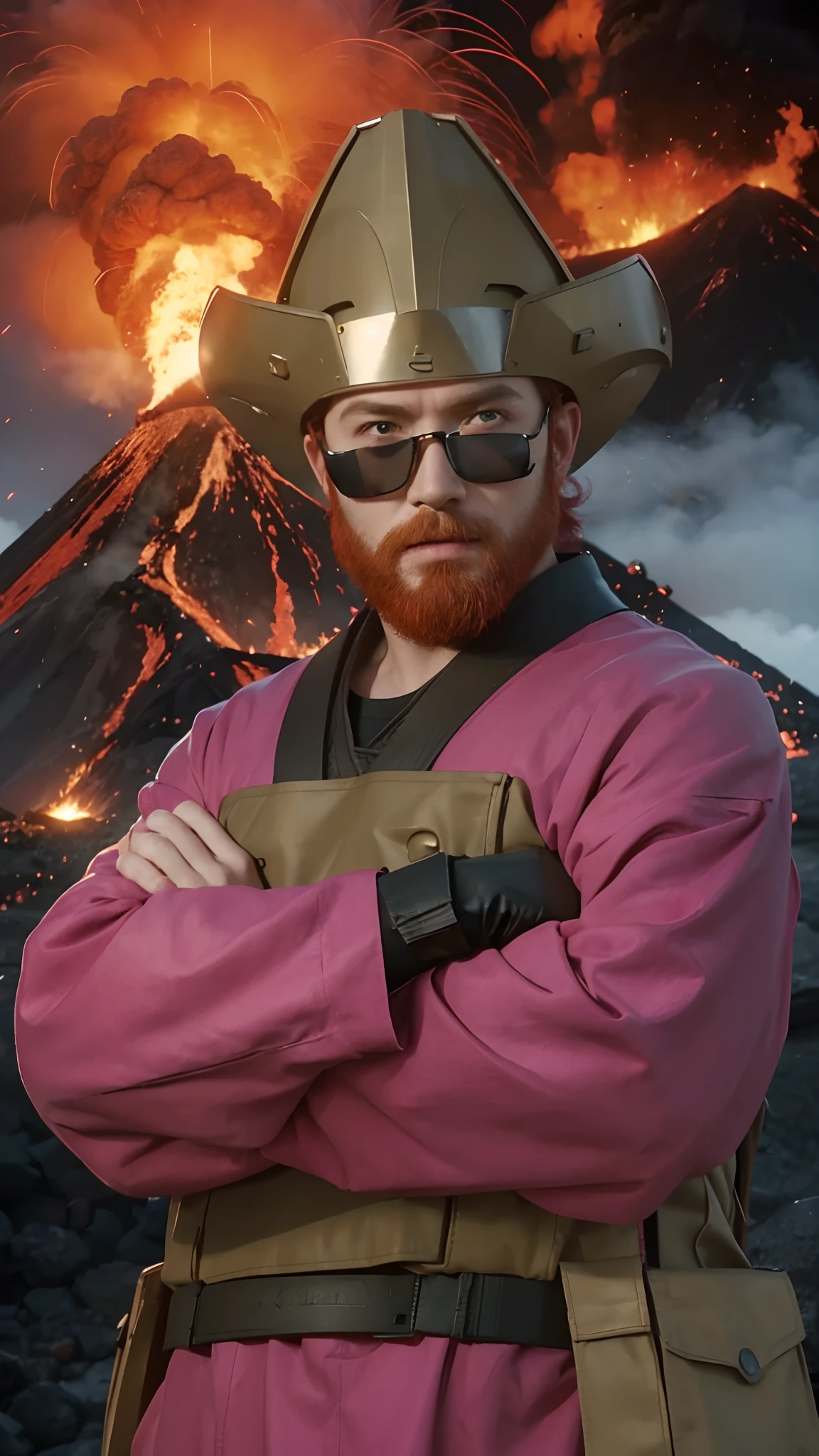 Real life adaption of this character, adult handsome man face, cool expression,realistic same red hair and red beard,(realistic same outfit),Same realistic outfit on the head,There is an iron plate on his face , realistic The volcano erupted background, hyper realistic, realistic light, realistic shadow, realism,(photorealistic:1.2), looking to viewer