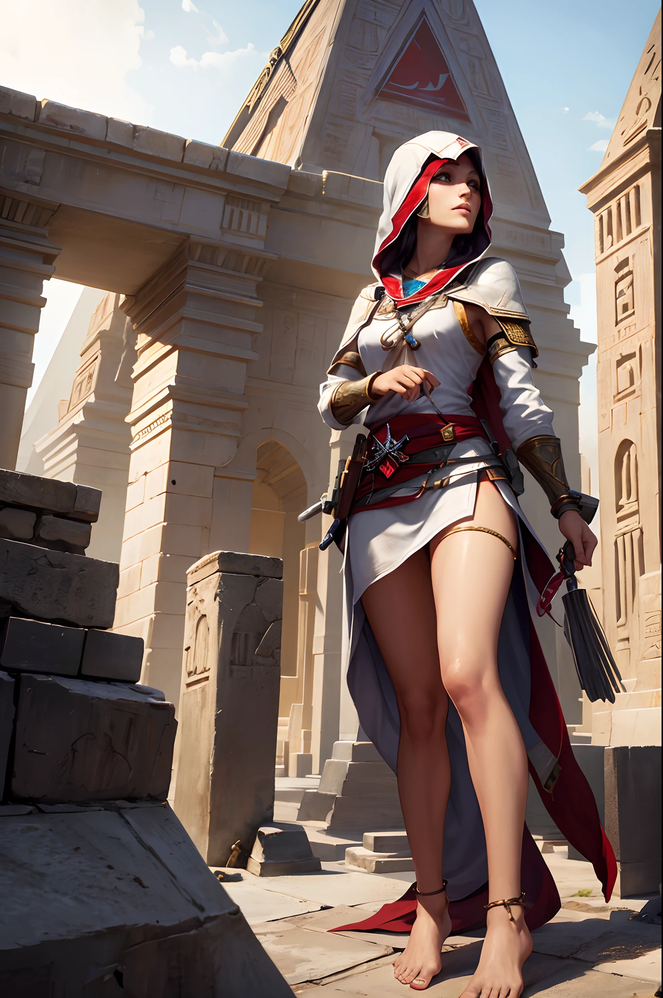 girl, assassin's creed style, short egyptian dress without sleeves, few clothes, barefoot, ankle bracelets, on the roof, pyramid on the background, high detailed, full-lenght realistic photo, 4k