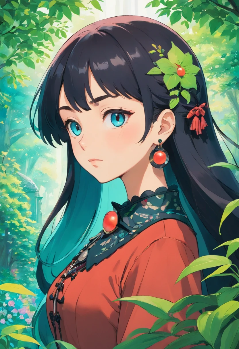 a beautiful gothic woman wearing an anime collar, mature face:1.4), (black eyeliner:1.4), make-up a long necklace and earrings, in the style of tranquil gardenscapes, colorful animation stills, masami teraoka, aquamarine, paul gauguin, Embry style, honest portrayal