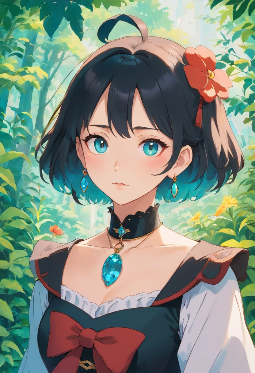 a beautiful gothic woman wearing an anime collar, mature face:1.4), (black eyeliner:1.4), make-up a long necklace and earrings, in the style of tranquil gardenscapes, colorful animation stills, masami teraoka, aquamarine, paul gauguin, Embry style, honest portrayal