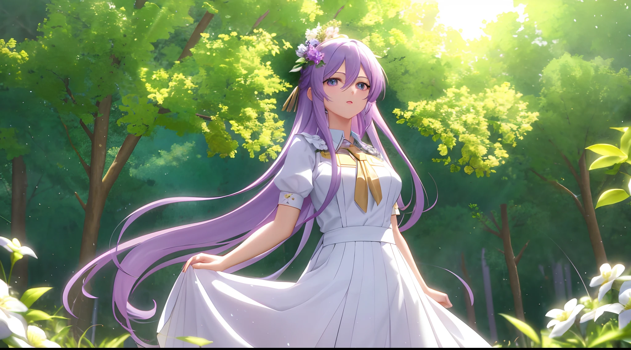 Athena with plain long light purple hair,hair between eyes,green eyes,rosy cheeks,full lips,thin eyebrows,slender body,maid uniform with very long skirt,praying beads on beck,cute anime girl,full body,flowers field in background,anime style,Lumen Reflections,Screen Space Reflections,Diffraction Grading,Chromatic Aberration,GB Displacement,Scan Lines,Ray Traced,Anti-Aliasing,FXAA,TXAA,RTX,SSAO,Shaders,OpenGL-Shaders, GLSL-Shaders,Post Processing,Post-Production,cell Shading,Tone Mapping,CGI,VFX,SFX,insanely detailed and intricate, 4K,standing, solo, masterpiece, best quality, detailed face, detailed eyes, highres, standing, solo,masterpiece, best quality