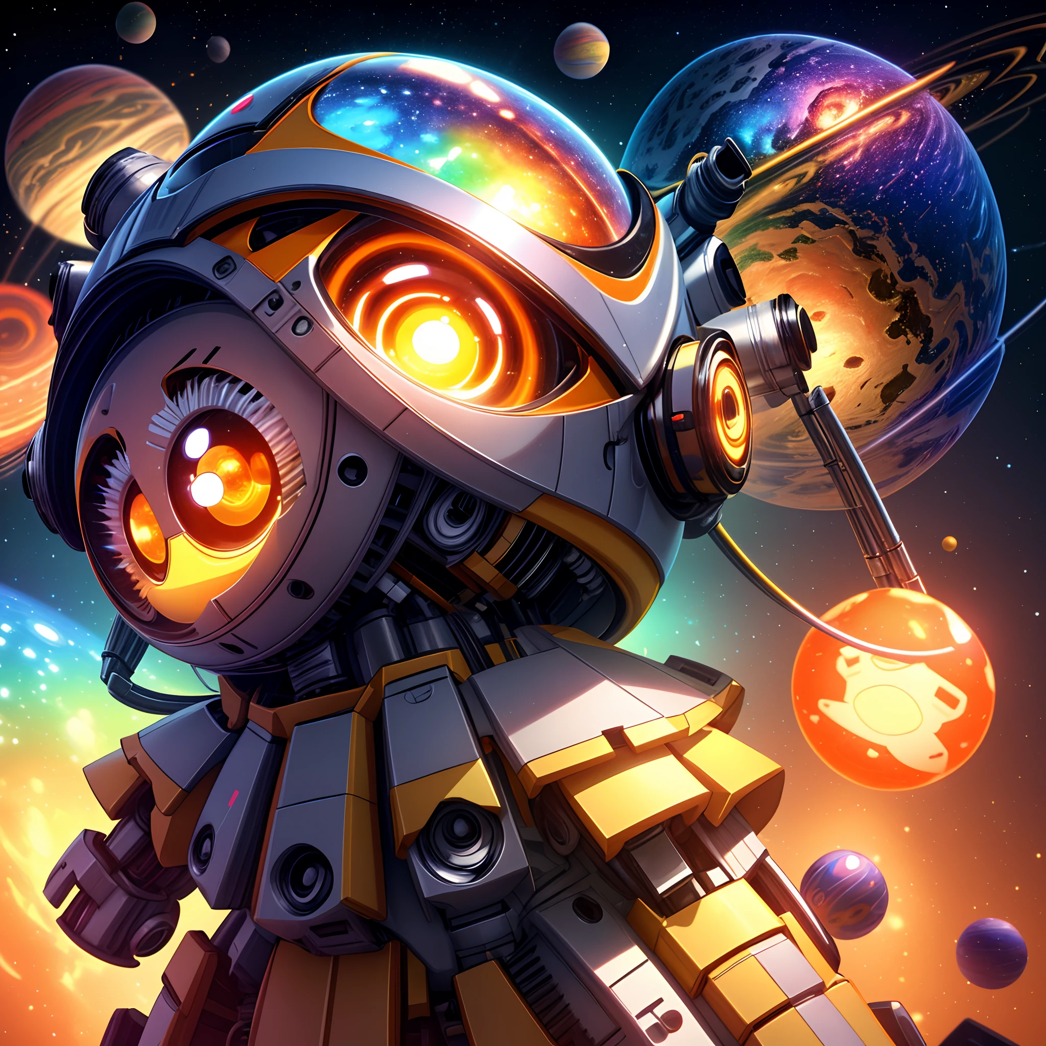 3D computer rendered image of 3DCG, Digital illustration of cute robot with round head and body, Colorful galaxy pattern of robot head and body, Big eyes and small mouth, Robots have、Has two arms and two legs with yellow and orange accents , Colorful stars and planets gradient background, Colorful floating orbs and rings