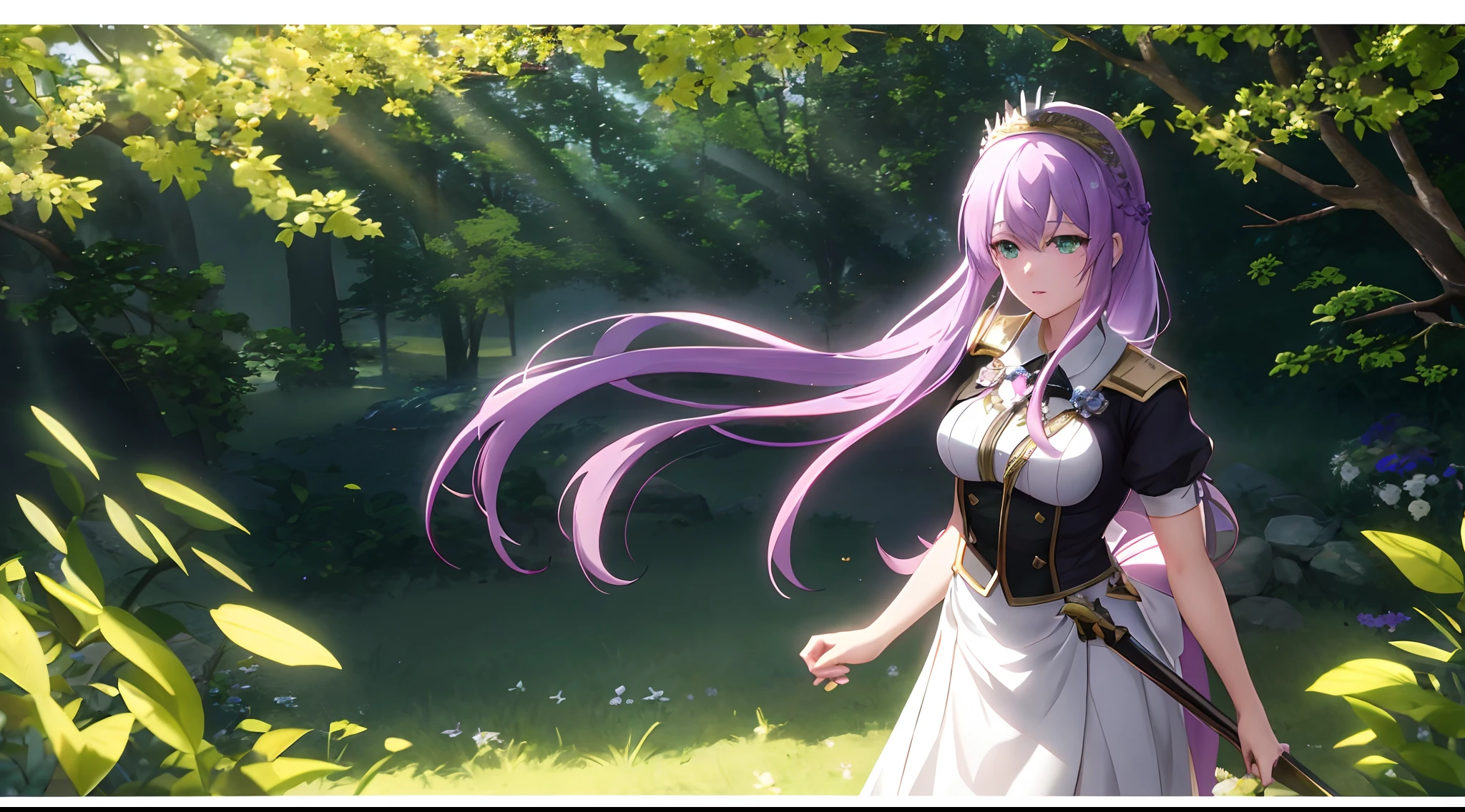 Athena with plain long light purple hair,hair between eyes,green eyes,rosy cheeks,full lips,thin eyebrows,slender body,maid uniform with very long skirt,praying beads on beck,cute anime girl,full body,flowers field in background,anime style,Lumen Reflections,Screen Space Reflections,Diffraction Grading,Chromatic Aberration,GB Displacement,Scan Lines,Ray Traced,Anti-Aliasing,FXAA,TXAA,RTX,SSAO,Shaders,OpenGL-Shaders, GLSL-Shaders,Post Processing,Post-Production,cell Shading,Tone Mapping,CGI,VFX,SFX,insanely detailed and intricate, 4K,standing, solo, masterpiece, best quality, detailed face, detailed eyes, highres, standing, solo,masterpiece, best quality