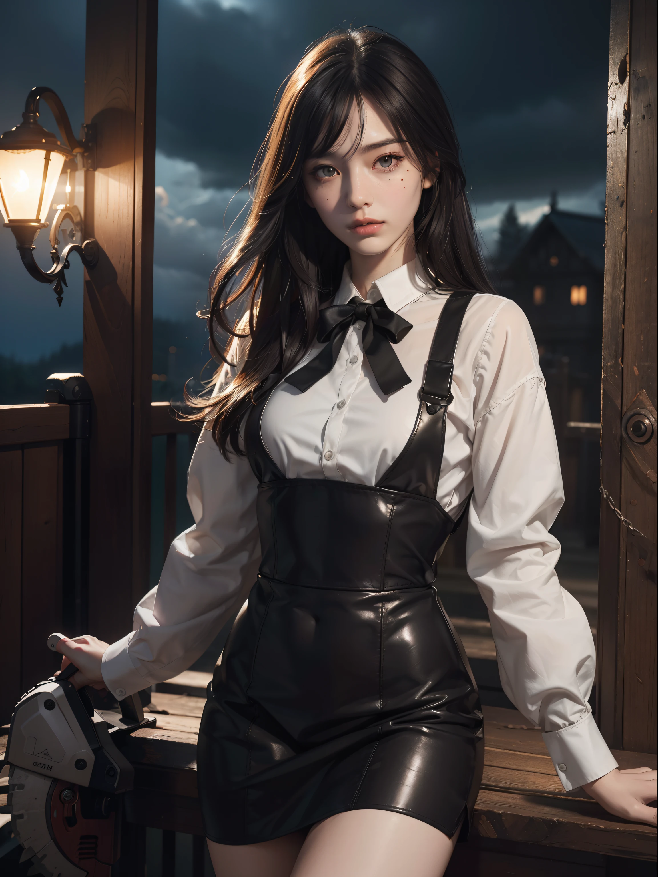 (Hyper-realistic), (Illustration), (High resolution), (8K), (Extremely detailed), (Best Illustration), Yol ( chain saw man ), (Beautiful detailed eyes), (Best Quality), (Ultra-detailed), (masutepiece), (Wallpaper), (Detailed face), Solo, Upper body, Focus on Face, 1 girl, Long Black Hair, Korean, Thin eyeshadow, A detailed eye, Brown eyes, Small moles under the eyes, very slender legs,Long sleeve shirt, Neckbow, Small breasts,Black leather shoes,pinafore dress, Dynamic Pose, low illuminance, Night, Dark, Clouds, a dark night,Holding a chainsaw,