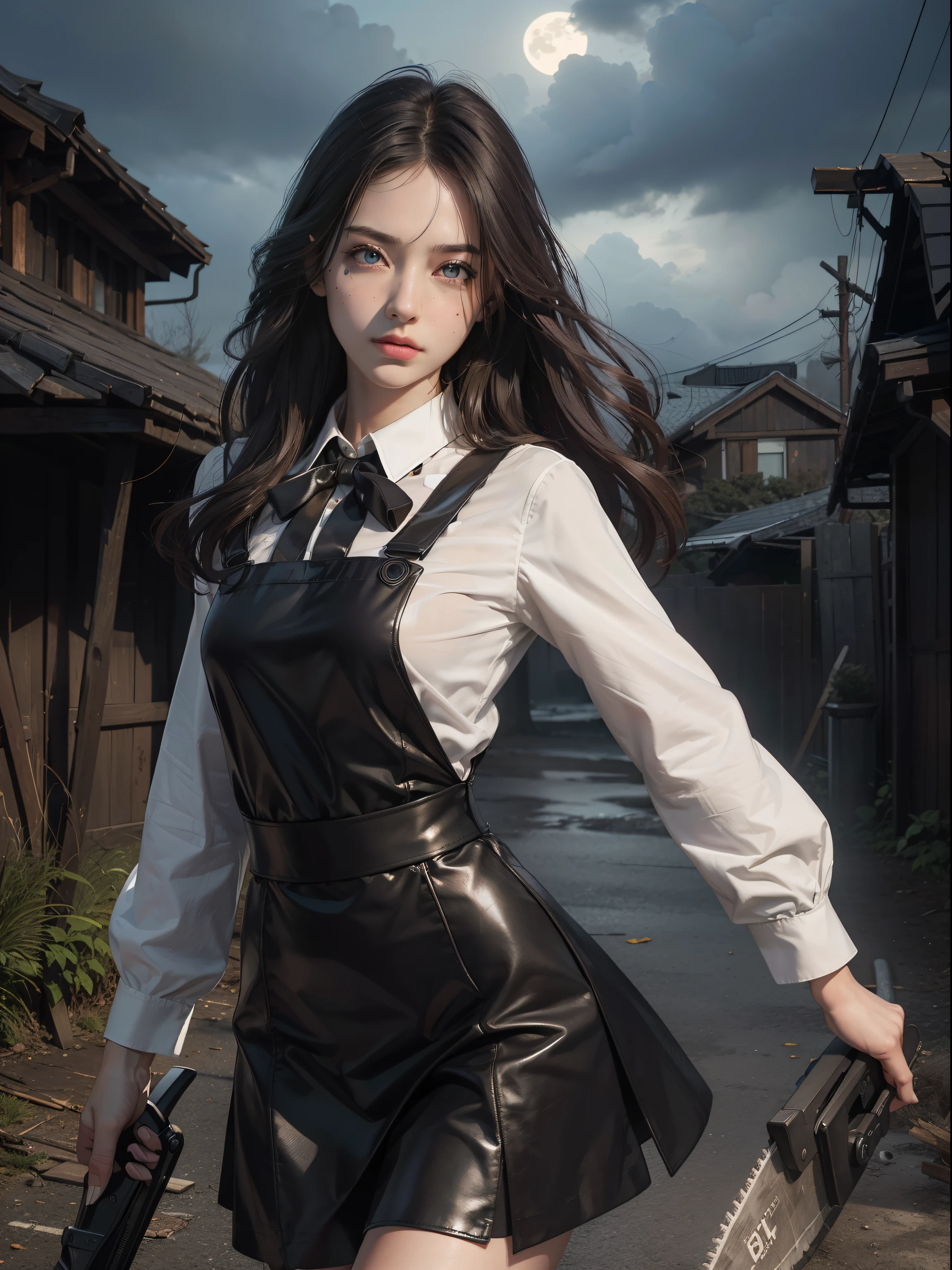 (Hyper-realistic), (Illustration), (High resolution), (8K), (Extremely detailed), (Best Illustration), Yol ( chain saw man ), (Beautiful detailed eyes), (Best Quality), (Ultra-detailed), (masutepiece), (Wallpaper), (Detailed face), Solo, Upper body, Focus on Face, 1 girl, Long Black Hair, Korean, Thin eyeshadow, A detailed eye, Brown eyes, Small moles under the eyes, very slender legs,Long sleeve shirt, Neckbow,  Small breasts,Black leather shoes,pinafore dress, Dynamic Pose, low illuminance, Night, Dark, Clouds, a dark night,Holding a chainsaw,