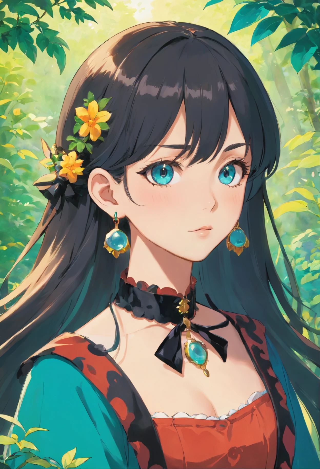 a beautiful gothic woman wearing an anime collar, mature face:1.4), (black eyeliner:1.4), make-up a long necklace and earrings, in the style of tranquil gardenscapes, colorful animation stills, masami teraoka, aquamarine, paul gauguin, Embry style, honest portrayal