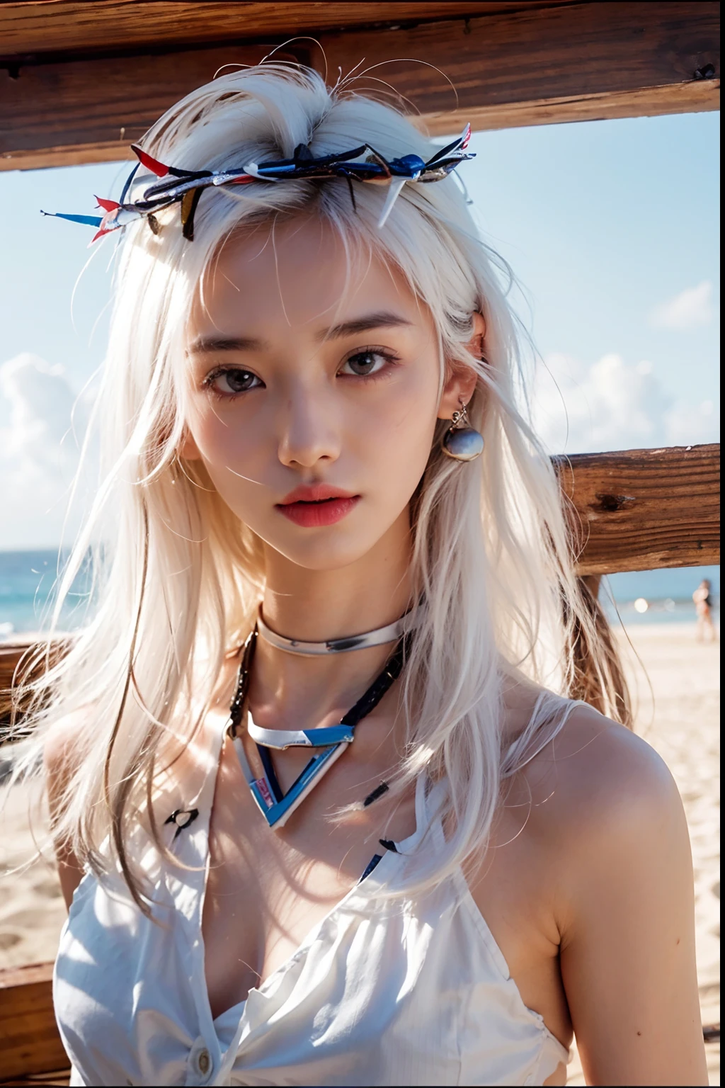1 girl, , detailed face , ultra HD, 8K, asian girl, beach, white hair, white dress ,