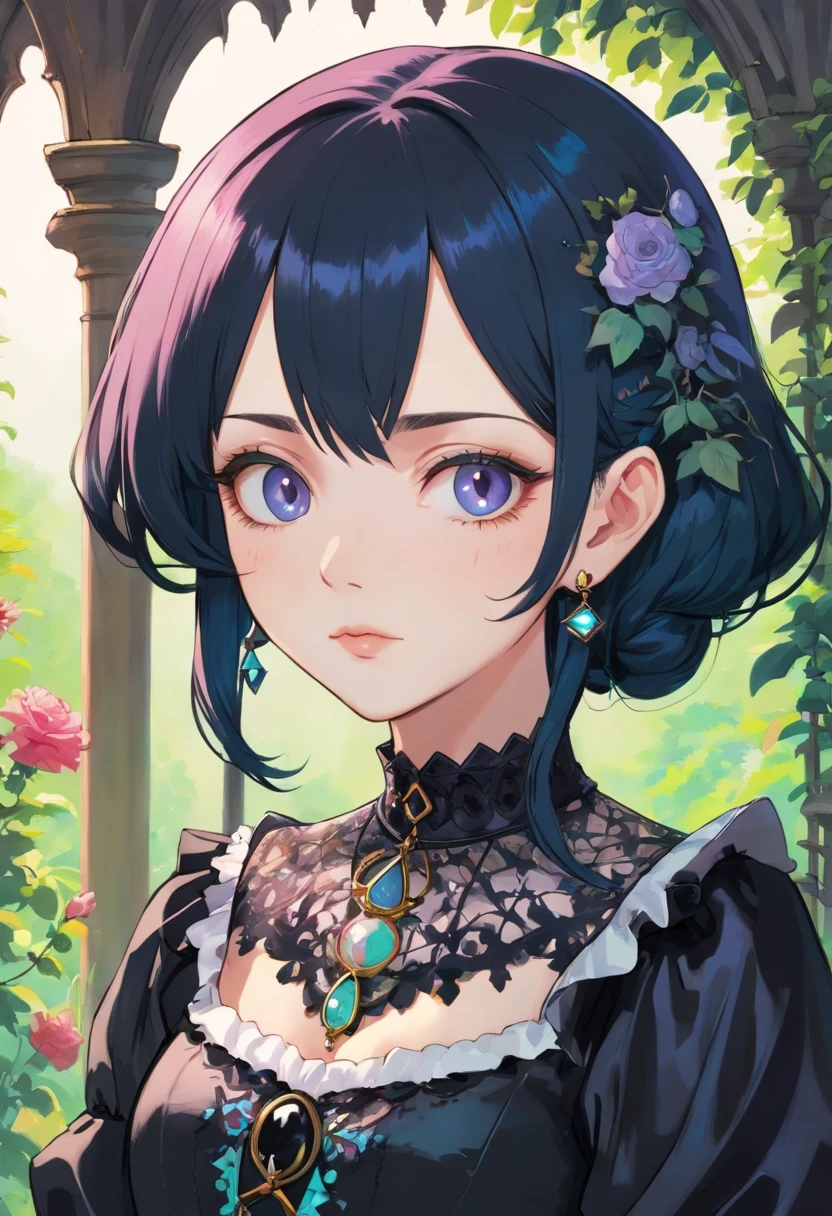 a beautiful (gothic woman:1.4) wearing an anime collar, mature face:1.4), (black eyeliner:1.4), make-up a long necklace and earrings, in the style of tranquil gardenscapes, colorful animation stills, masami teraoka, aquamarine, paul gauguin, Embry style, honest portrayal