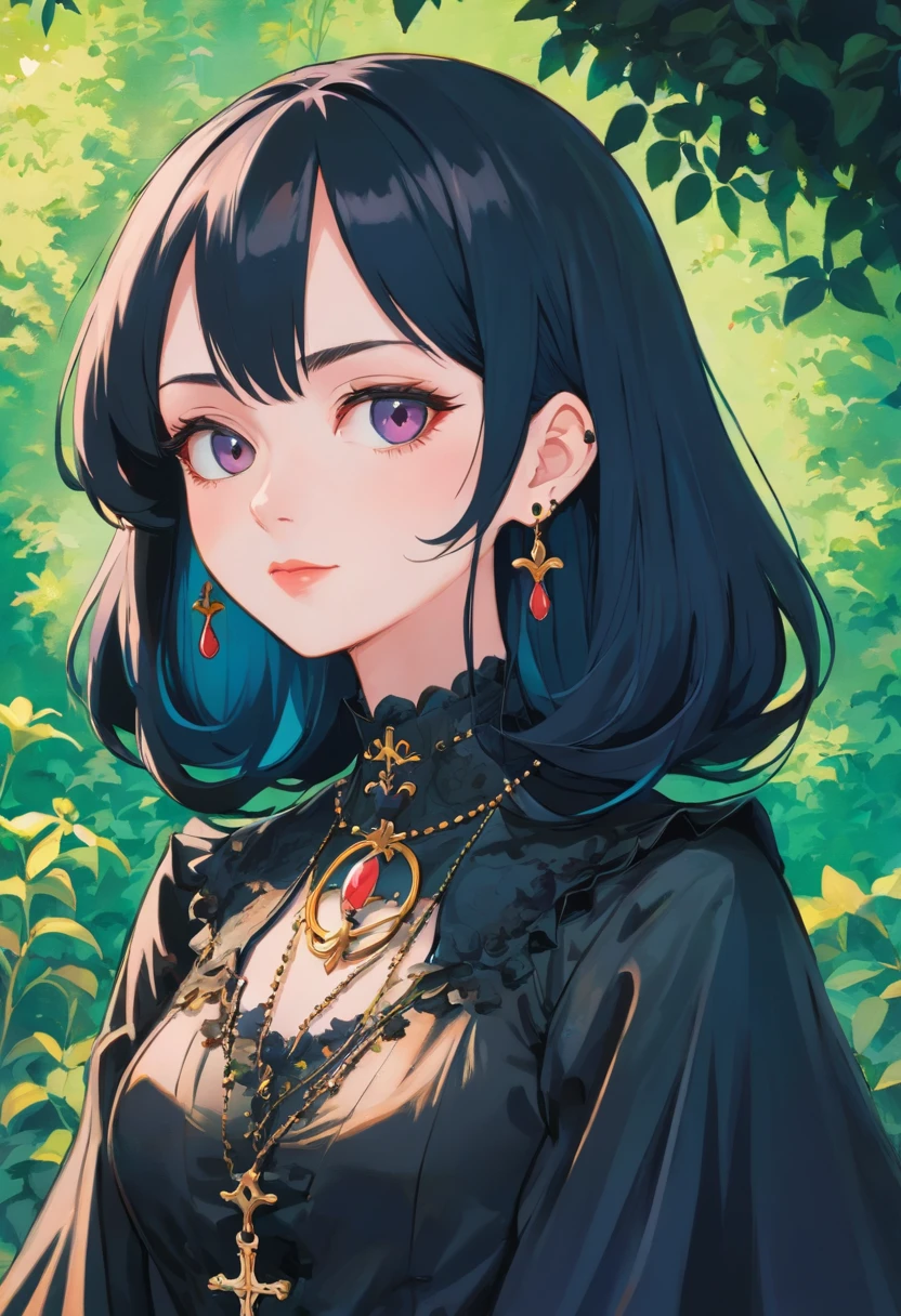 a beautiful (gothic woman:1.4) wearing an anime collar, mature face:1.4), (black eyeliner:1.4), make-up a long necklace and earrings, in the style of tranquil gardenscapes, colorful animation stills, masami teraoka, aquamarine, paul gauguin, Embry style, honest portrayal