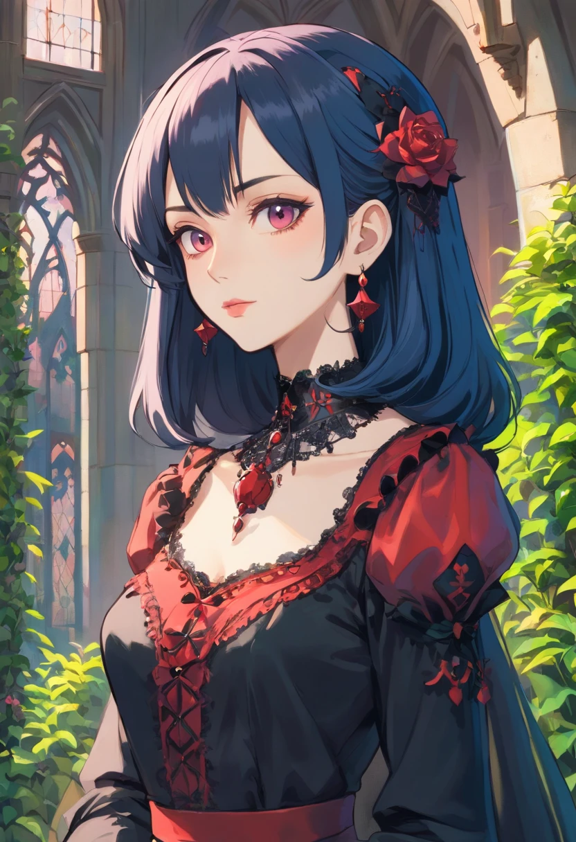 a beautiful (gothic woman:1.4) wearing an anime collar, mature face:1.4), (black eyeliner:1.4), make-up a long necklace and earrings, in the style of tranquil gardenscapes, colorful animation stills, masami teraoka, aquamarine, paul gauguin, Embry style, honest portrayal