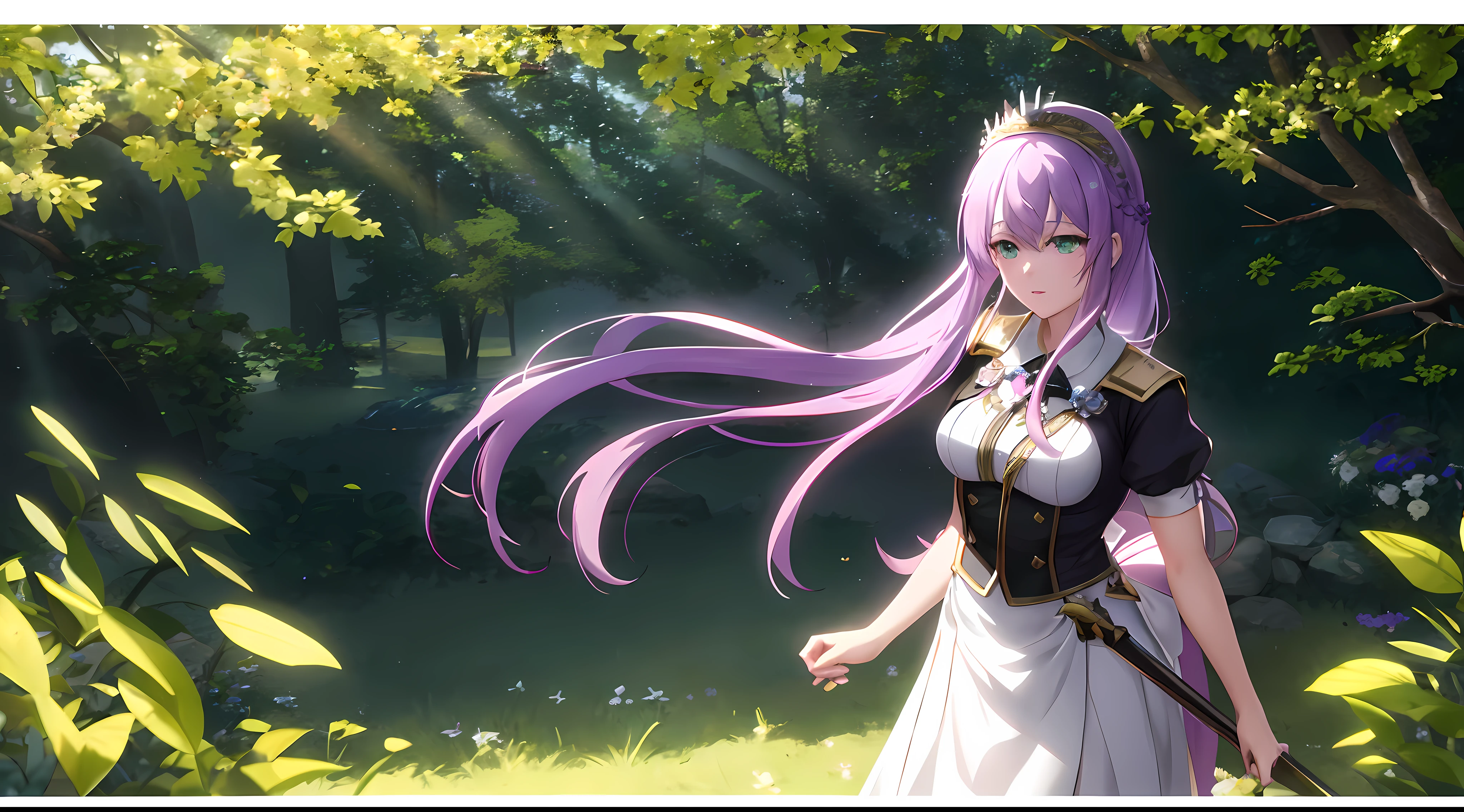 Athena with plain long light purple hair,hair between eyes,green eyes,rosy cheeks,full lips,thin eyebrows,slender body,maid uniform with very long skirt,praying beads on beck,cute anime girl,full body,flowers field in background,anime style,Lumen Reflections,Screen Space Reflections,Diffraction Grading,Chromatic Aberration,GB Displacement,Scan Lines,Ray Traced,Anti-Aliasing,FXAA,TXAA,RTX,SSAO,Shaders,OpenGL-Shaders, GLSL-Shaders,Post Processing,Post-Production,cell Shading,Tone Mapping,CGI,VFX,SFX,insanely detailed and intricate, 4K,standing, solo, masterpiece, best quality, detailed face, detailed eyes, highres, standing, solo,masterpiece, best quality