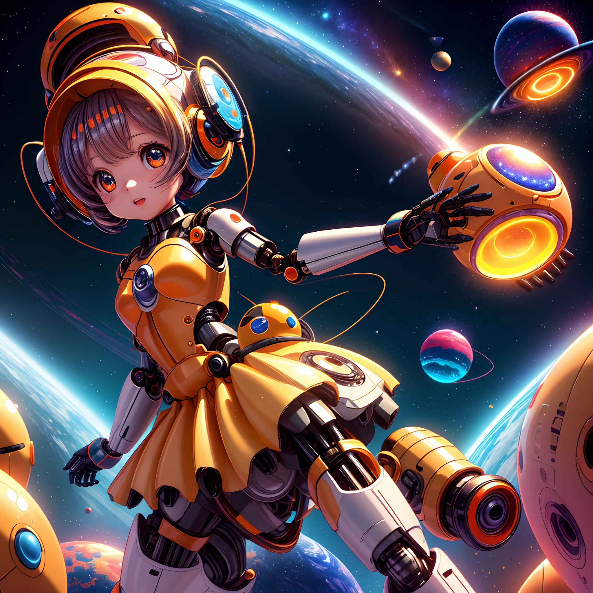 3D computer rendered image of 3DCG, Digital illustration of cute robot with round head and body, Colorful galaxy pattern of robot head and body, Big eyes and small mouth, Robots have、Has two arms and two legs with yellow and orange accents , Colorful stars and planets gradient background, Colorful floating orbs and rings