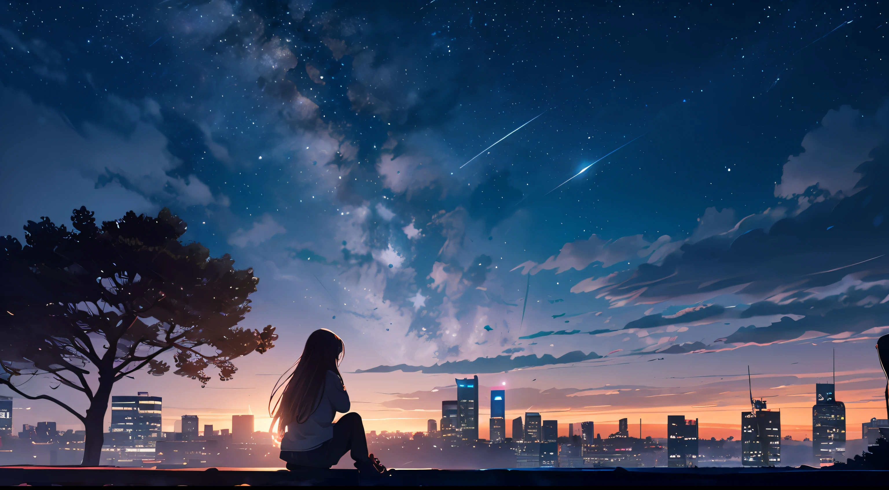 A woman sitting on a bench looking at the city at night - SeaArt AI