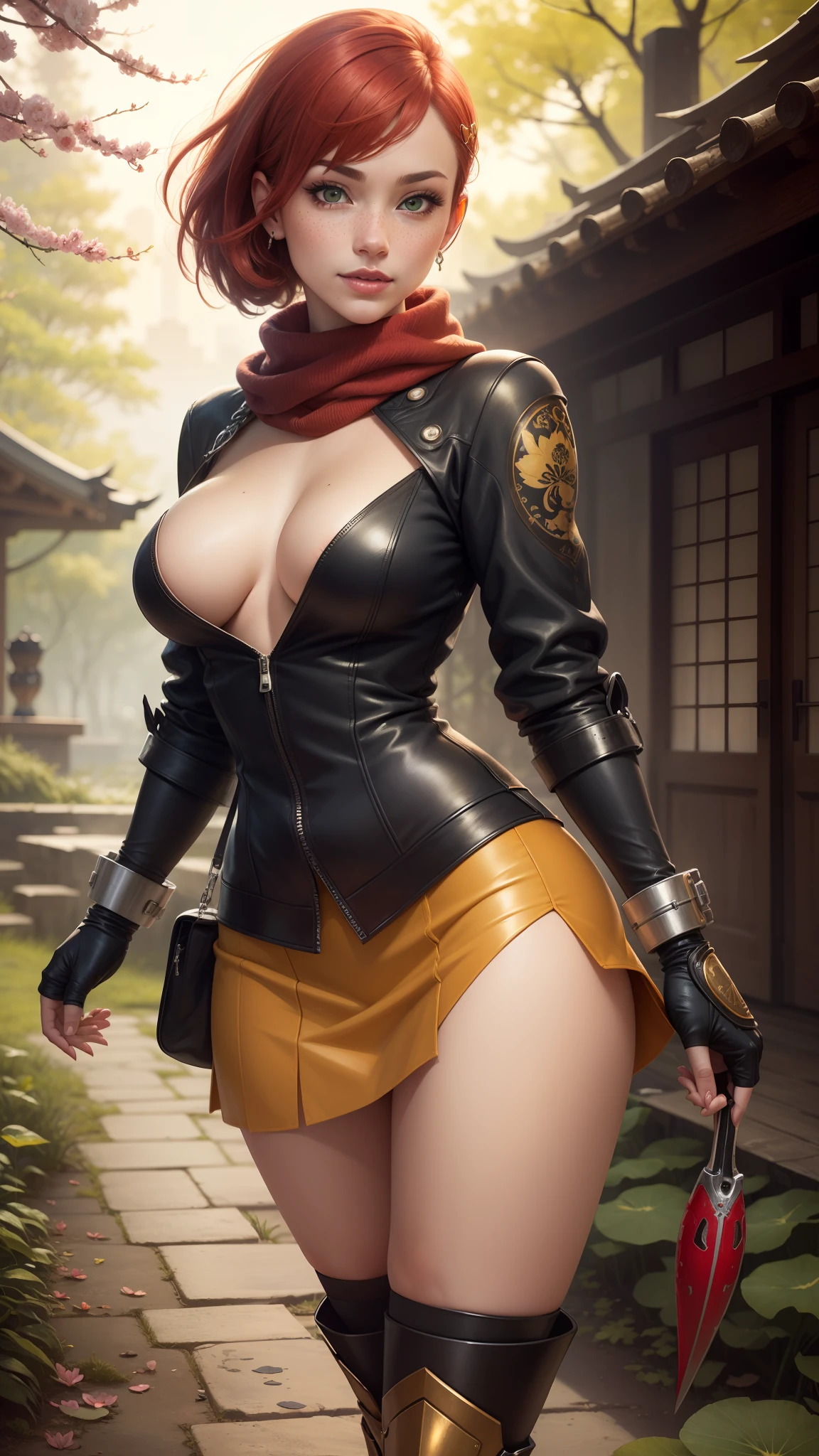 gwen tennyson,tracer,chun-li,anko mitarashi,atelier ryza,nier automata,1girl, close up,mecha pilot,tattoos,cherry blossom forest,orange tight skirt,steel long sleeve fishnet top,short hair,fishnet stockings,cute makeup,green eyes, red and gold hair,shy smile,freckles, redhead,beautiful girl,large breasts,ultra detailed,realistic,fantasy art,steel armor, long ninja jacket,japanese garden,lotus river,ninja scarf,hair pin,ninja tabi boots,