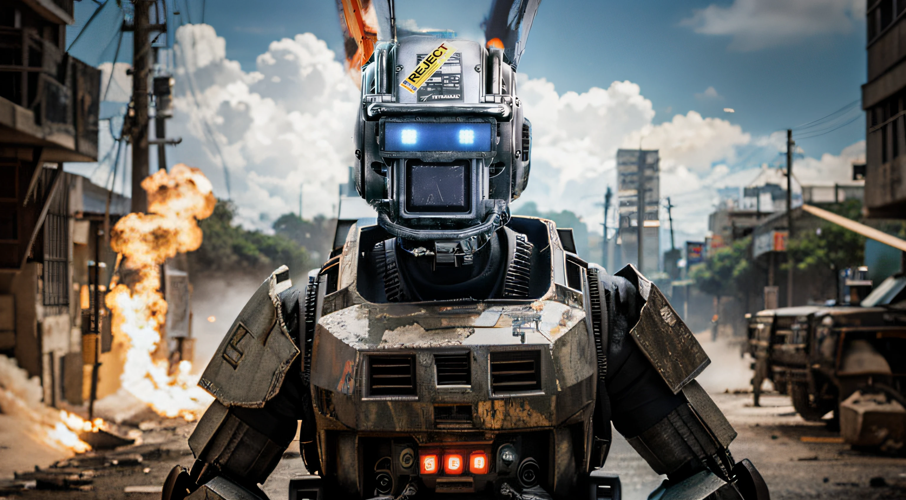 chappie movie, half war robot, modified, background war