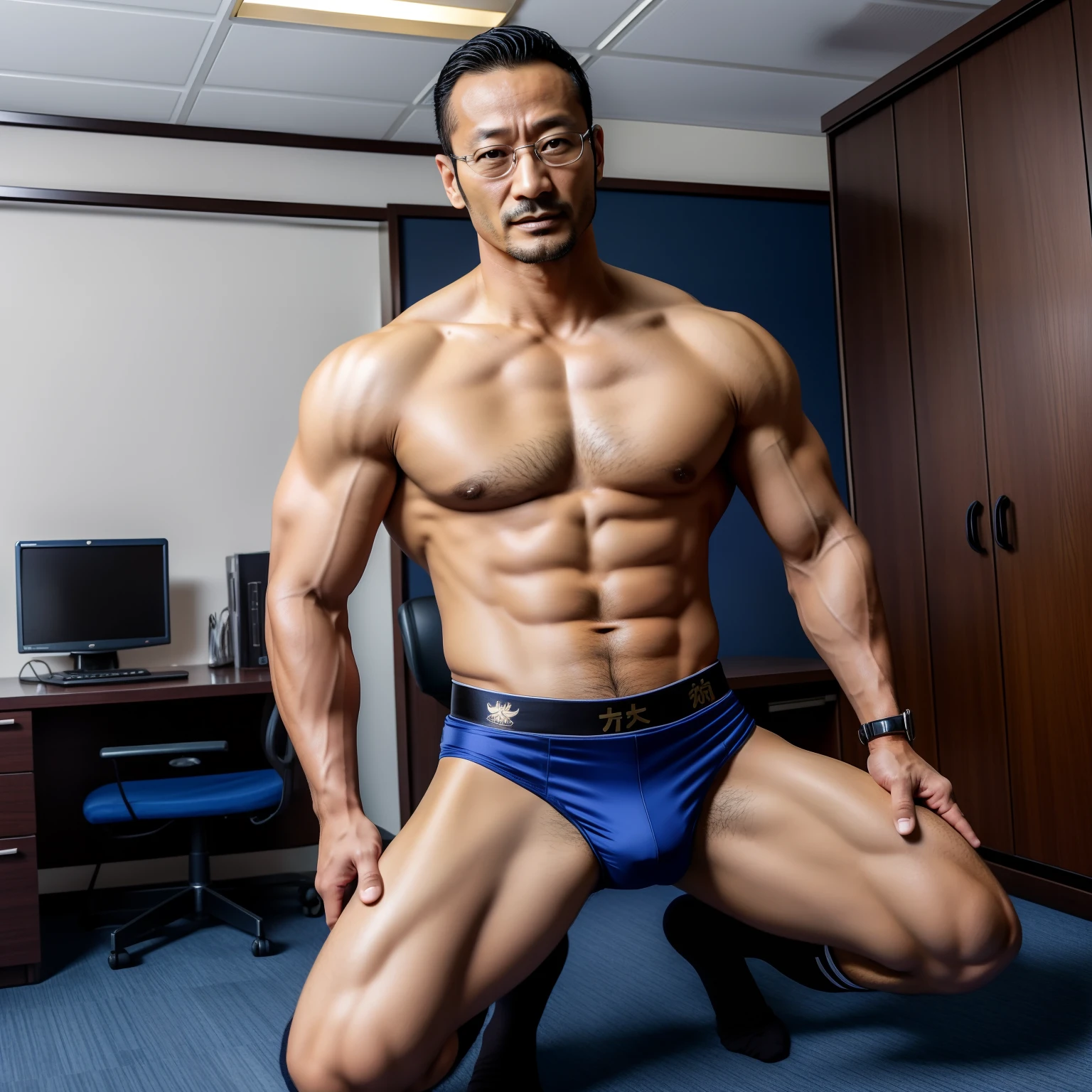 aged 40，Hidetoshi Nakata ，（Kogoro Mouri 1.3），Thick chest hair，office room，black long socks，little beard，Two muscular men kneel，Shirtless，long leges，Sexy blue panties，Business suit，