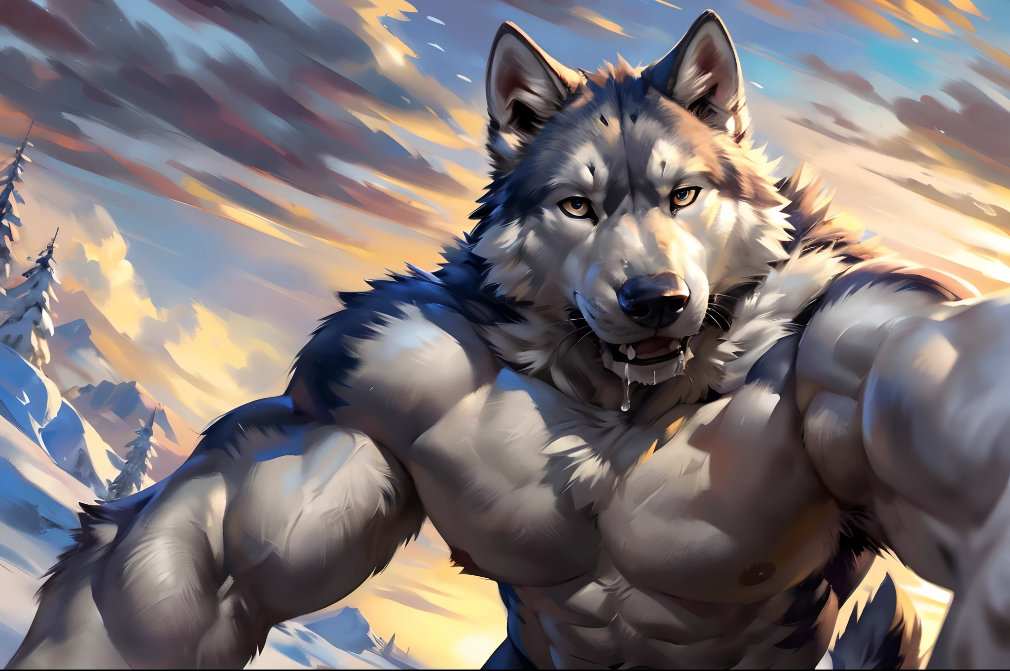 muscular feral:1.2 white wolf, posing for the camera. 4k, high resolution, best quality, perfect colors, perfect shadows, perfect lighting, posted on e621, furry body, feral wolf, quadruped:1 wolf, solo, male, adult, masculine, (skinny:2 build:1.4, strong pecs), correct anatomy, white fur (white:1 fur, detailed fur, epic, masterpiece:1.2), (winter background, snowing, cloudy sky, sunset), sexy shadows, (by echin, by Taran Fiddler, by takemoto arashi, by Traver009, by Juiceps), (detailed eyes:1.2), impressive physique, tired pose, struggling, effort pose, bothered face, exhausted, detailed eyes, looking at camera, close-up, open mouth, thick drooling:1.4, low-angle shot
