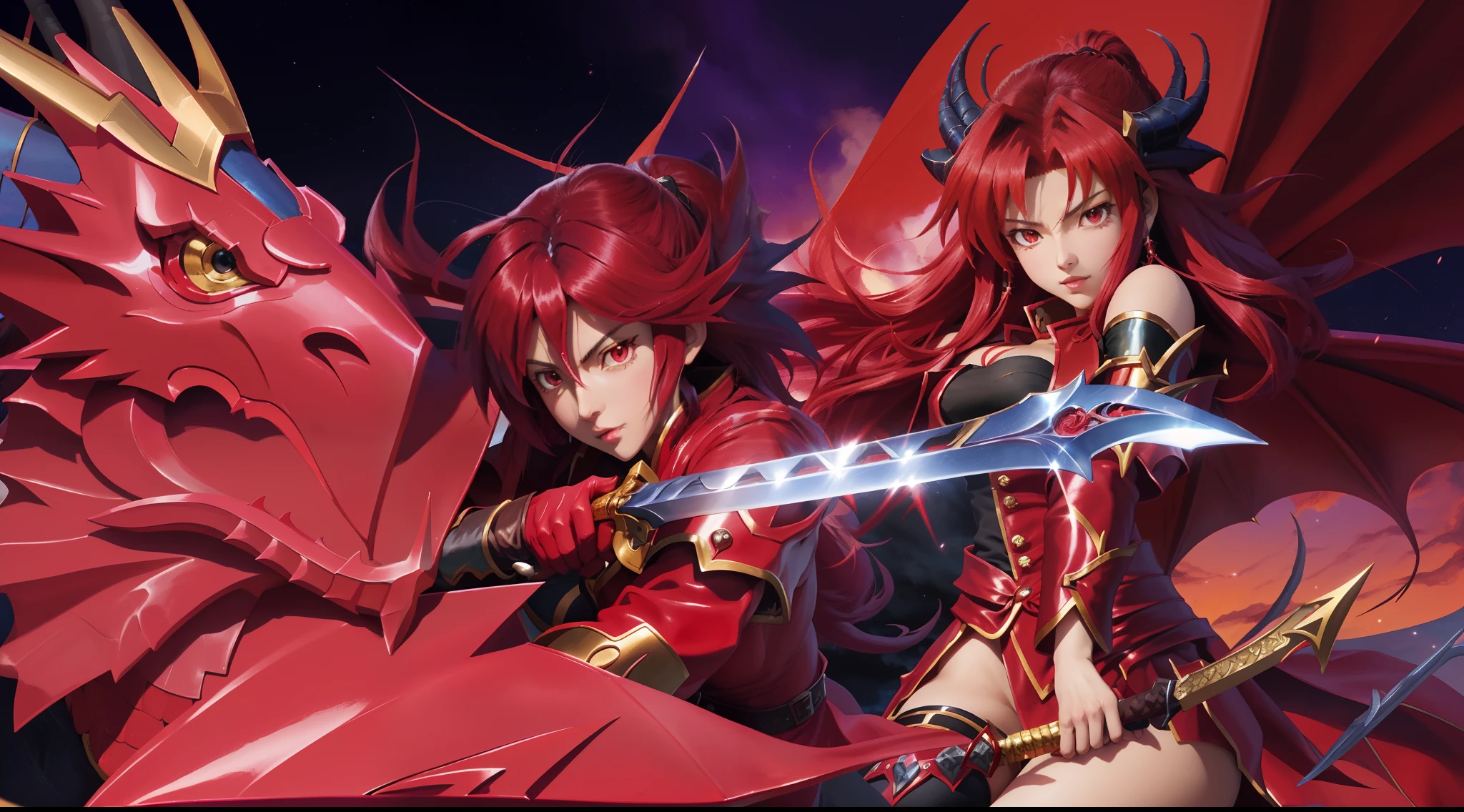 a close up of a woman holding a sword next to a dragon, slifer the sky dragon, yugioh style, top 25 fantasy anime series, yugioh art style, symphogear, the queen of blades, mika kurai demon, darius puia, chrono trigger guilty gear style, rias gremory