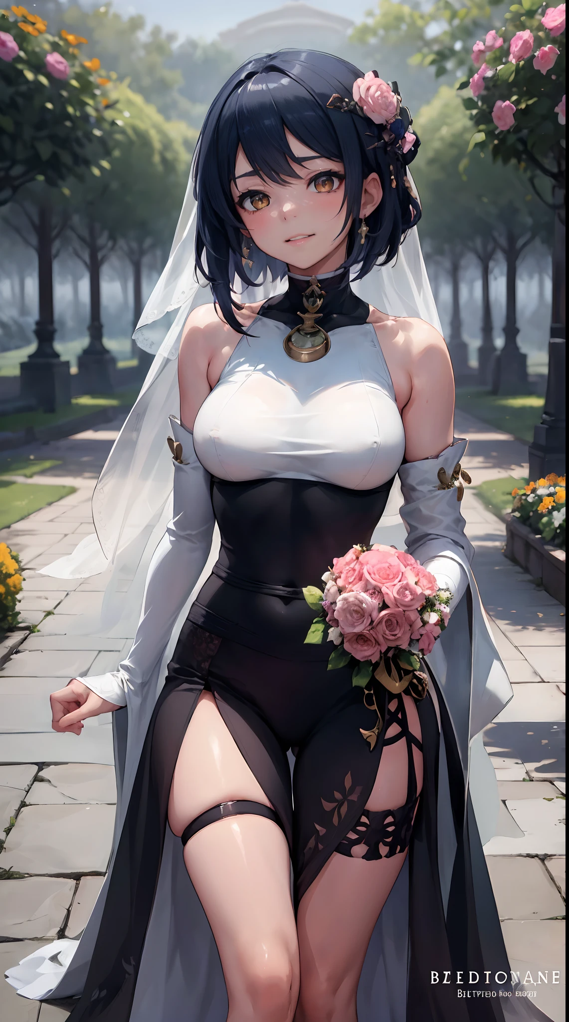 Kujou Sara | genshin impact, master-piece, bestquality, 1girls,25 years old, proportional body, proportional., Wedding Dresses, White Wedding Dress, Long skirt, wedding, ,bara, Standing in the middle of a flower garden, outdoor, wedding, The sky is beautiful, In a paradise of love and happiness............................................, The bride wears a Japanese dress and a seductive smile............................................, The passage of time stops at theirs............................................, On this wedding day of love and happiness............................................, Bright and beautiful flowers, Holding it in her hands symbolizes the envelopment of love............................................, Love and friendship through the transmission of flowers, In a paradise of love and happiness............................................, A bride in a yukata wearing a masika............................................, It is a form of beauty and elegance............................................, Show your spouse your heart..........................................., In a paradise of love and happiness............................................, Kochikugisa is the tree of new beginnings............................................, And their love and affection........................................., And suck a lot of love............................................, Flowers represent love and peace............................................, In a paradise of love and happiness............................................, View viewers from the front., Thigh strap, Head tilt, bored, 10, 10, HD, slight smile,