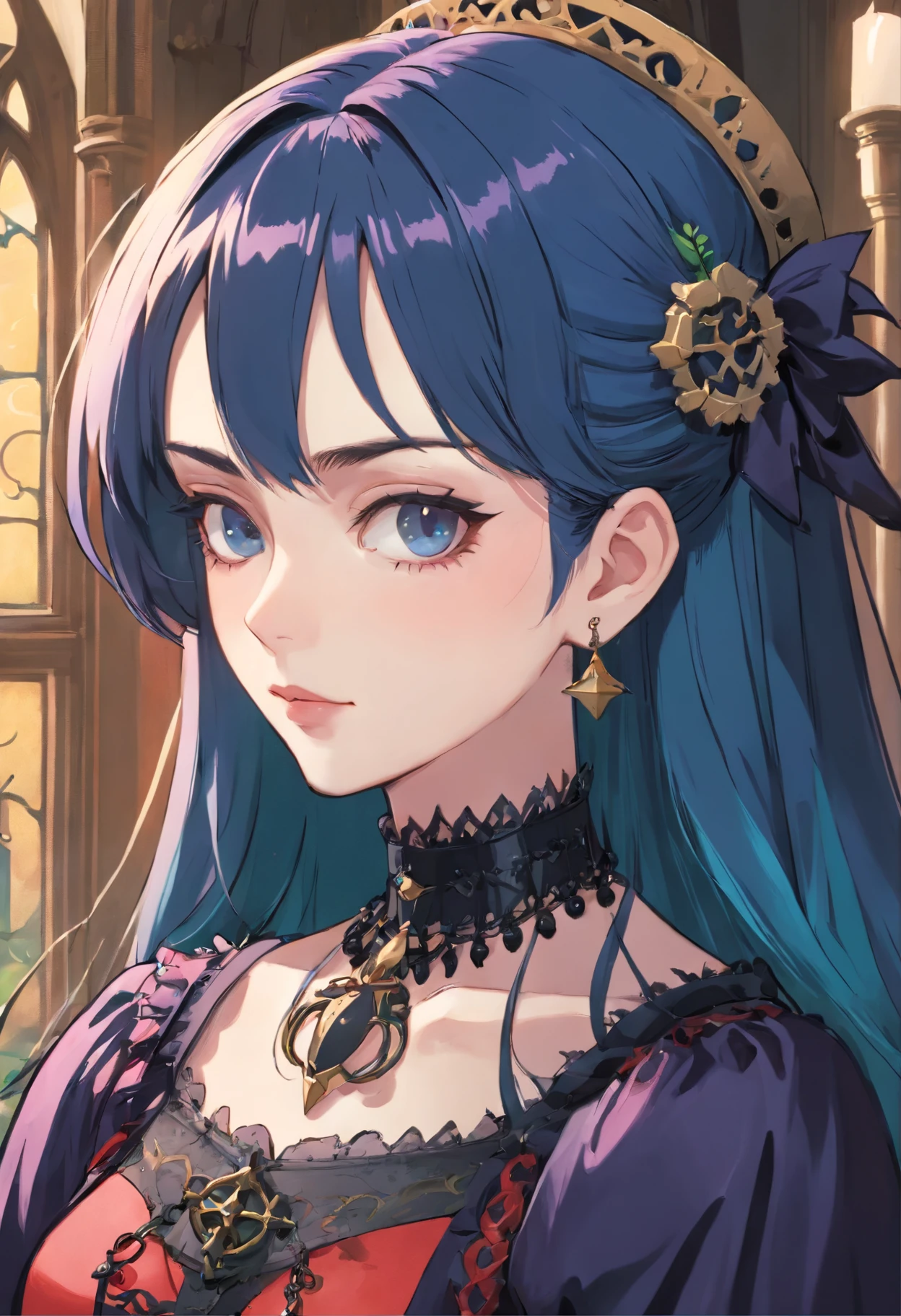 a beautiful (gothic woman:1.4) wearing an anime collar, mature face:1.4), (black eyeliner:1.4), make-up a long necklace and earrings, in the style of tranquil gardenscapes, colorful animation stills, masami teraoka, aquamarine, paul gauguin, Embry style, honest portrayal