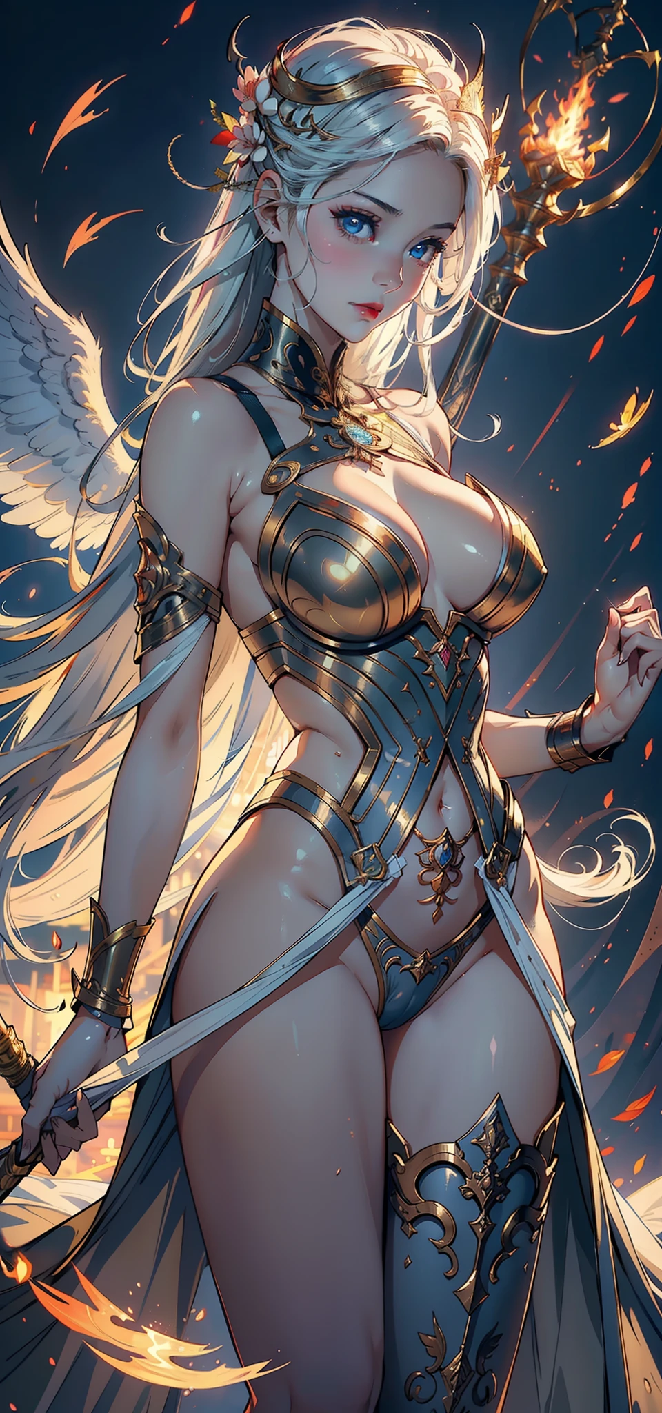 1female，Married Woman，A MILF，熟妇，mature，extremely large bosom，plumw（Background with：lakes，Cherry blossom forest，lotus flower）Lie underwater， She has long white hair，seen from the front，mostly cloudy sky，（（（tmasterpiece），（Very detailed CG unity 8K wallpaper），best qualtiy，cinmatic lighting，detailed back ground，beatiful detailed eyes，Bright pupils，Blue eyes，Snow-whiteskin，Redlip（Very fine and beautiful），（Beautiful and detailed eye description），ultra - detailed，tmasterpiece，））facing at camera，A high resolution，ultra - detailed），revealing breasts，Bare genitalia，  Bulge，legs are open，Raised sexy，Camel toes，Desire for dissatisfaction，frontage，Battle Angel，Armed with a flame sword，Angel wings，angelic halo，Armour，Gold wire embroidery（Wearing ：hijabi sluty，Bare breasts，Bare lower body，nakeness，Armour， Transparent lace apron）