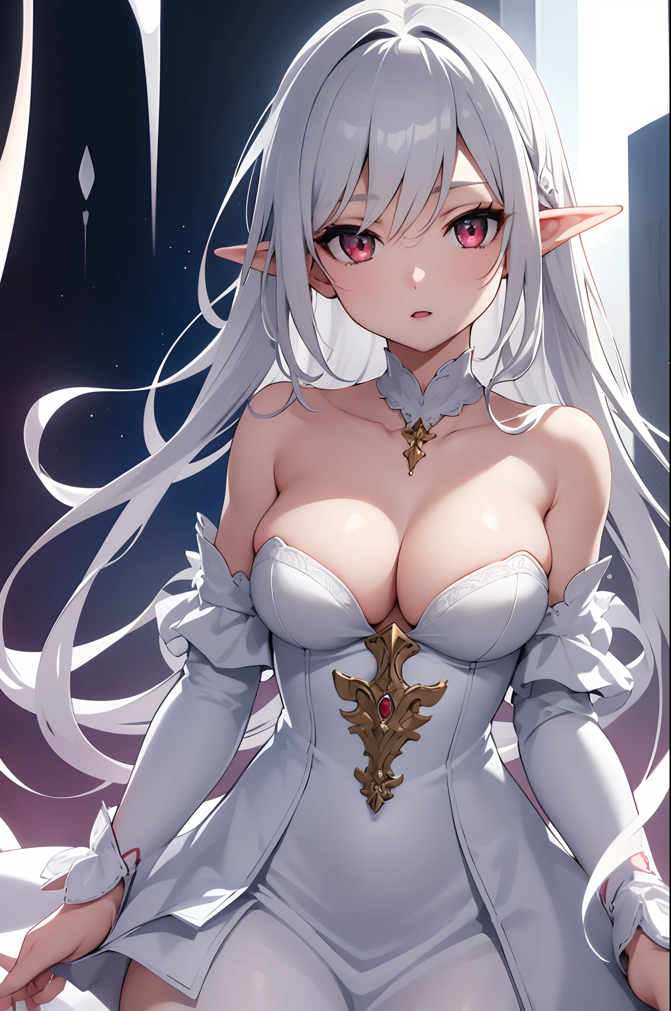 1girl, anime, cute girl, elf, blank background, white background, fantasy, detailed dark fantasy dress with highlights, beautiful face, beautiful eyes, dark colors, medium breasts, slight cleavage, beautiful skin, cute, silver hair, red eyes, breast curtains, extremely delicate and beautiful, (beautiful detailed face:1.0), (detailed deep eyes), symmetrical breasts, deep eyes, shiny skin, portrait, slender waist, hips wider than shoulders, thighs, young girl