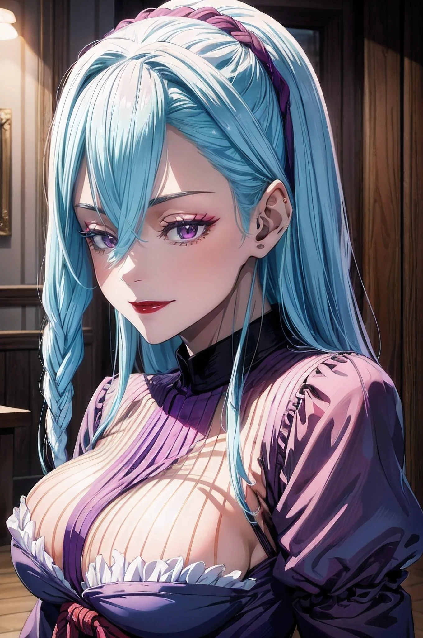 A girl/character theme: MeiMei from the anime jujutsu kaisen, extremely detailed, beautiful detailed hair, incredibly detailed face, stunning detailed purple eyes, flawless skin,dainty smile,vibrant red lips,delicate features, best quality, master piece, best lighting, colorful anime style, vibrant colors, soft and warm lighting,subtle shadows and highlights, high-resolution artwork, vivid colors,professional portrait style, fine brushstrokes, sharp focus, realistic rendering, masterful composition, ethereal ambiance, gentle warm tones, studio lighting effects