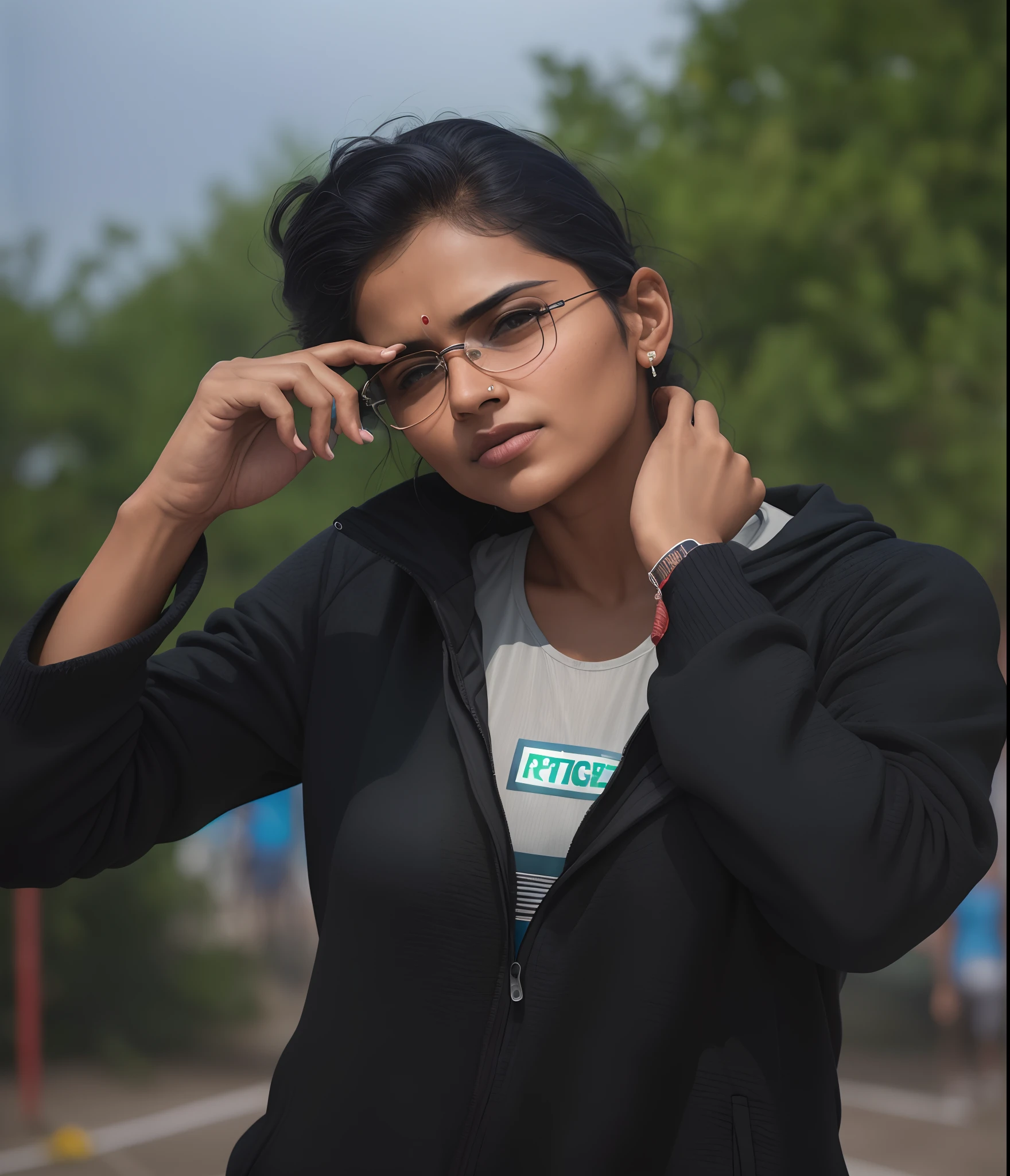 beautiful mature Indian college girl, in track outfit, outside on track field, ((slim, petite)), photorealistic, photo, masterpiece, realistic, realism, photorealism, high contrast, photorealistic digital art trending on Artstation 8k HD high definition detailed realistic, detailed, skin texture, hyper detailed, realistic skin texture, armature, best quality, ultra high res, (photorealistic:1.4),, high resolution, detailed, raw photo, sharp re, by lee jeffries nikon d850 film stock photograph 4 kodak portra 400 camera f1.6 lens rich colors hyper realistic lifelike texture dramatic lighting unrealengine trending on artstation cinestill 800,