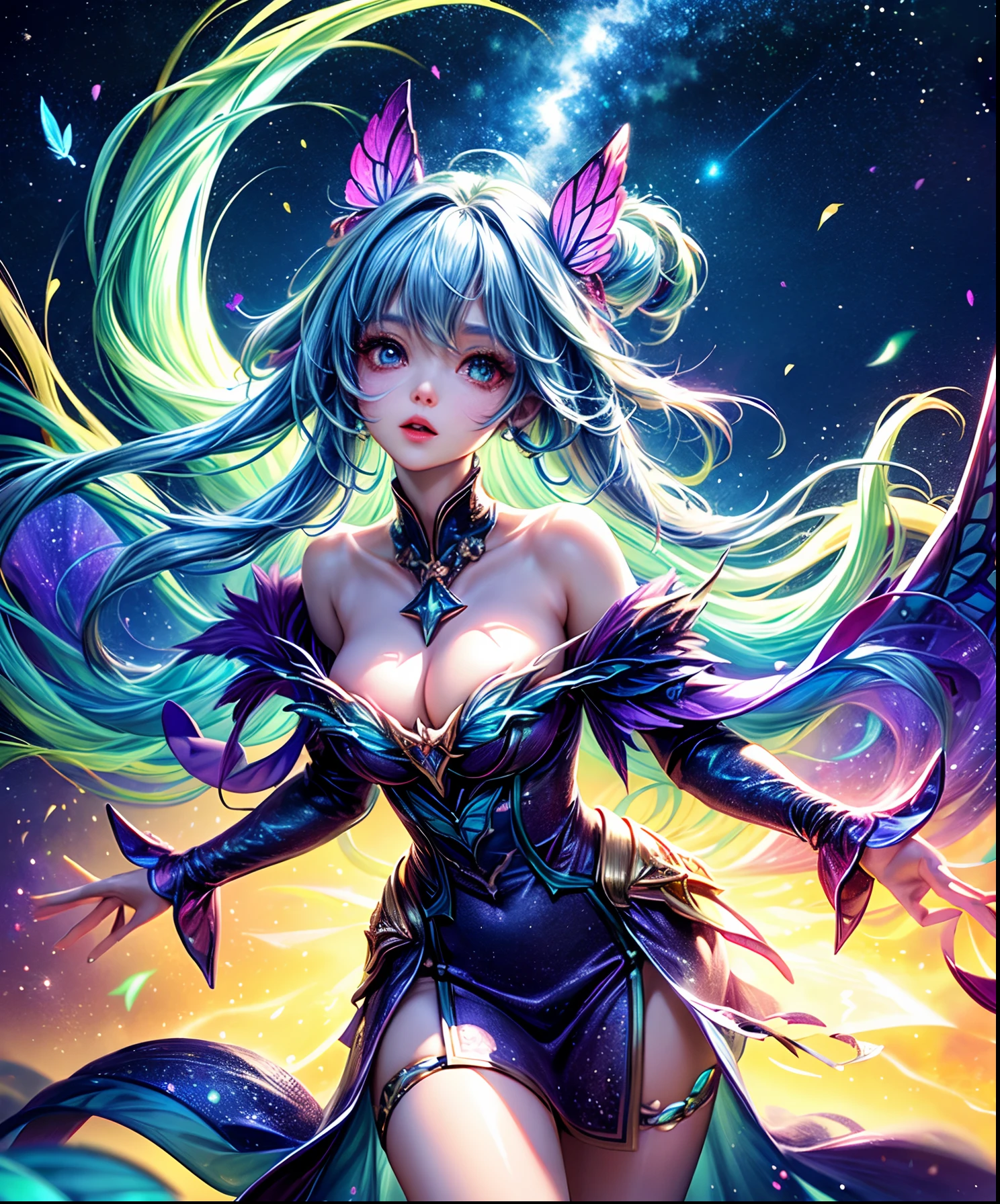 starrysky、Cute iridescent round monster、Iridescent grass々Drawing a butterfly flying over the water, Looking up at the starry sky. Surround her with colorful nebulae and colorful forests.