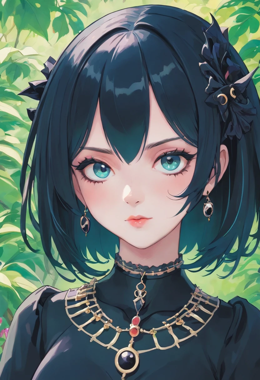 a beautiful (goth:1.4) wearing an anime collar, mature face:1.4), (black eyeliner:1.4), make-up a long necklace and earrings, in the style of tranquil gardenscapes, colorful animation stills, masami teraoka, aquamarine, paul gauguin, Embry style, honest portrayal