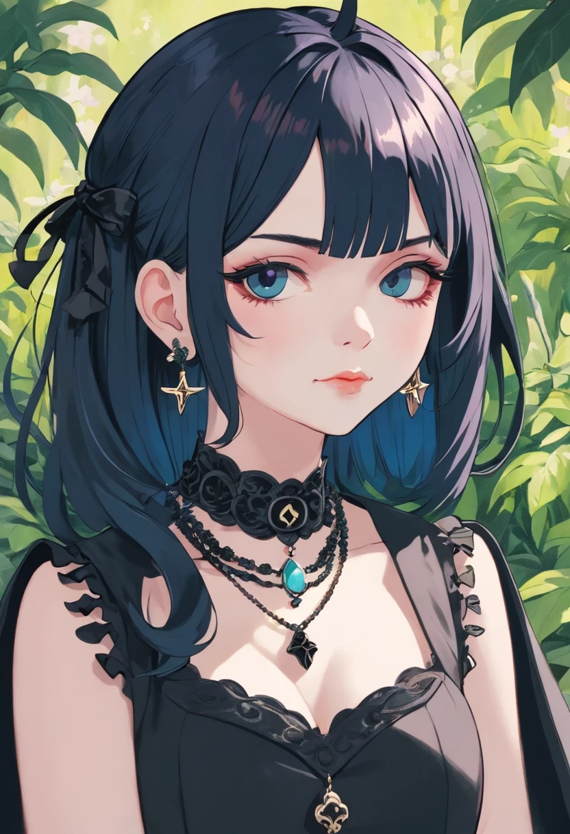 a beautiful (goth:1.4) wearing an anime collar, mature face:1.4), (black eyeliner:1.4), make-up a long necklace and earrings, in the style of tranquil gardenscapes, colorful animation stills, masami teraoka, aquamarine, paul gauguin, Embry style, honest portrayal