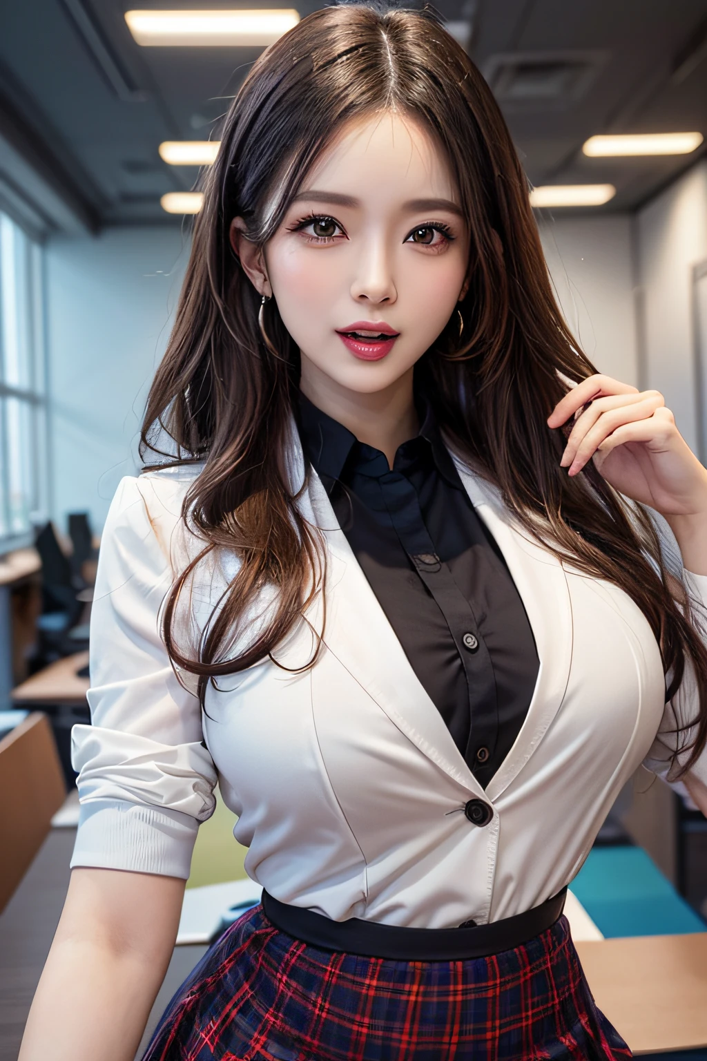 (1 Ultimate Beautiful Mature Woman)、hyperdetailed face、Detailed lips、A detailed eye、二重まぶた、Medium brunette hair, (Colorful tight mini skirt with colorful blazer and colorful blouse)、Office lady dancing in office room、((Opens mouth and laughs))、(Glamorous body)、(large full breasts)、(cowboy  shot)、perfect hand, Perfect fingers, perfect chest, Perfect fit, perfect bodies, face perfect, depth of fields、Perfect image realism, Background with:((Large conference room in the office))、Meticulous background, detailed costume, Perfect litthing、Hyper-Realism、Photorealsitic、8K maximum resolution, (​masterpiece), ighly detailed, Professional