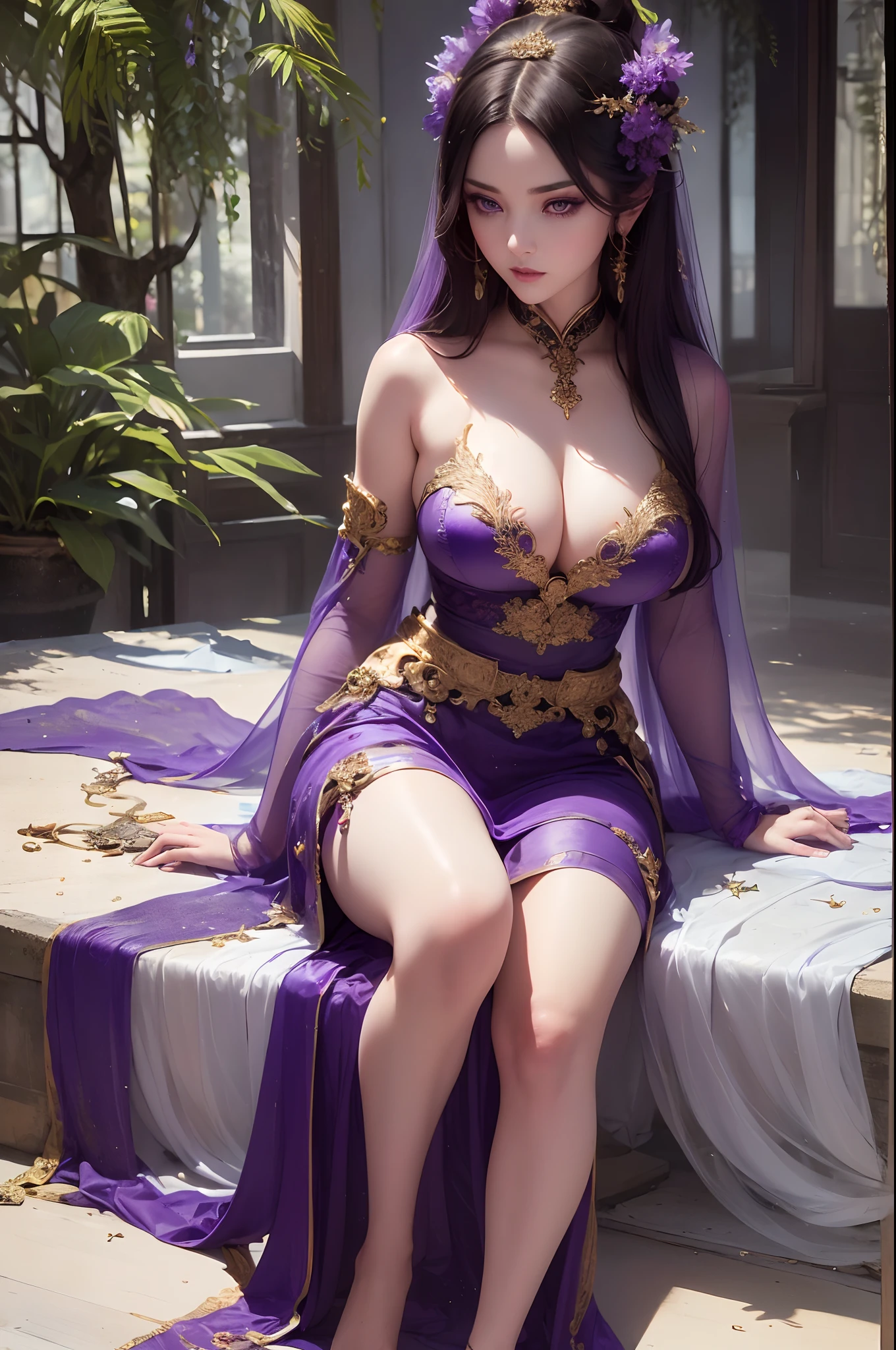(Jade Beauty:1.1,Peerless Goddess:1.1,black hair:1.1,Enchanting eyes:1.1),(Best Quality,4k,8K,hight resolution,Masterpiece:1.2),Ultra-detailed,(Realistic,Photorealistic,photo-realistic:1.37),portrai,Vivid colors,Lush green environment,natural lighting,serene atmosphere,Graceful posture, perfect hand, Detailed finger, Perfect Straight Two Legs, beautiful detail eyes, hairlong, long leges, Dressed in translucent silk, translucent clothes, Face of the Goddess, Detailed Face, (tmasterpiece), (violet eyes:1.5)