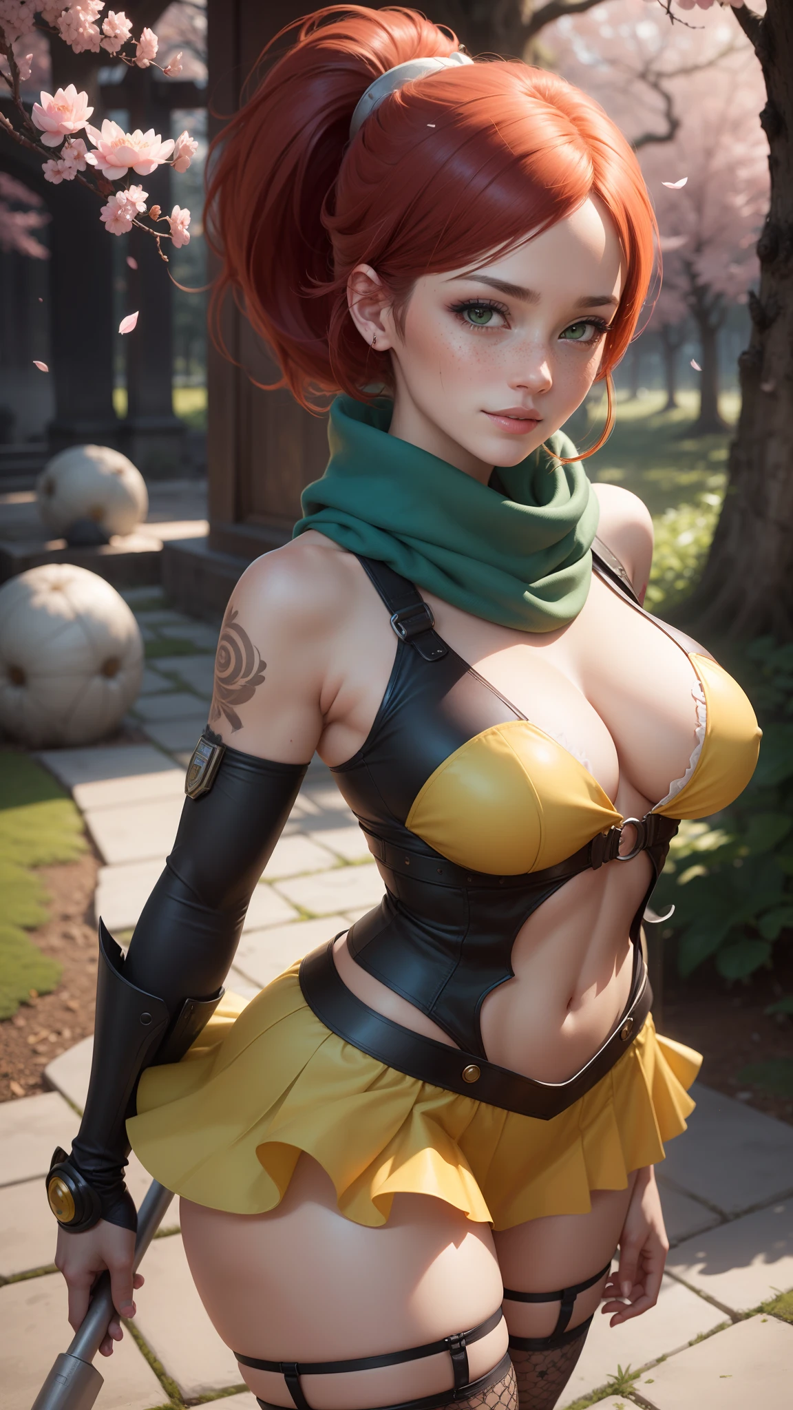 gwen tennyson,tracer,chun-li,anko mitarashi,atelier ryza,nier automata,1girl, close up,mecha pilot,tattoos,cherry blossom forest,orange tight skirt,steel long sleeve fishnet top,short hair,fishnet stockings,cute makeup,green eyes, red and gold hair,shy smile,freckles, redhead,beautiful girl,large breasts,ultra detailed,realistic,fantasy art,steel armor, open ninja jacket,japanese garden,lotus river,ninja scarf,hair pin,ninja tabi boots,