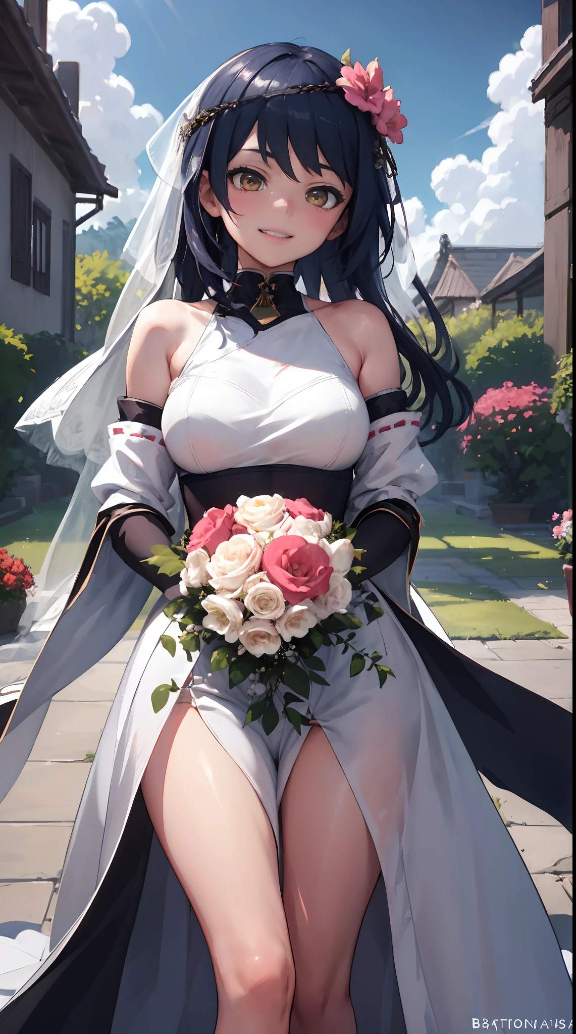 Kujou Sara | genshin impact, master-piece, bestquality, 1girls,25 years old, proportional body, proportional., Wedding Dresses, White Wedding Dress, Long skirt, wedding, ,bara, Standing in the middle of a flower garden, outdoor, wedding, The sky is beautiful, In a paradise of love and happiness........................................., The bride wears a Japanese dress and a seductive smile........................................., The passage of time stops at theirs........................................., On this wedding day of love and happiness........................................., Bright and beautiful flowers, Holding it in her hands symbolizes the envelopment of love........................................., Love and friendship through the transmission of flowers, In a paradise of love and happiness........................................., A bride in a yukata wearing a masika........................................., It is a form of beauty and elegance........................................., Show your spouse your heart........................................, In a paradise of love and happiness........................................., Kochikugisa is the tree of new beginnings........................................., And their love and affection......................................, And suck a lot of love........................................., Flowers represent love and peace........................................., In a paradise of love and happiness........................................., View viewers from the front., Thigh strap, Head tilt, bored, 10, 10, HD, slight smile,