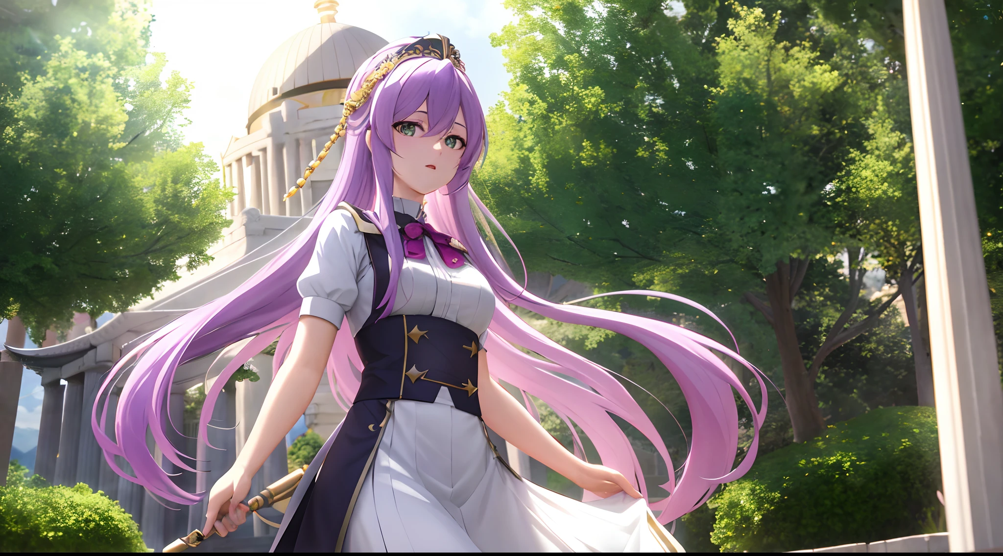 Athena with plain long light purple hair,hair between eyes,green eyes,rosy cheeks,full lips,thin eyebrows,slender body,maid uniform,praying beads on neck,cute anime girl,full body,athens temple in background,anime style,Lumen Reflections,Screen Space Reflections,Diffraction Grading,Chromatic Aberration,GB Displacement,Scan Lines,Ray Traced,Anti-Aliasing,FXAA,TXAA,RTX,SSAO,Shaders,OpenGL-Shaders, GLSL-Shaders,Post Processing,Post-Production,cell Shading,Tone Mapping,CGI,VFX,SFX,insanely detailed and intricate, 4K,standing, solo, masterpiece, best quality, detailed face, detailed eyes, highres, standing, solo,masterpiece, best quality