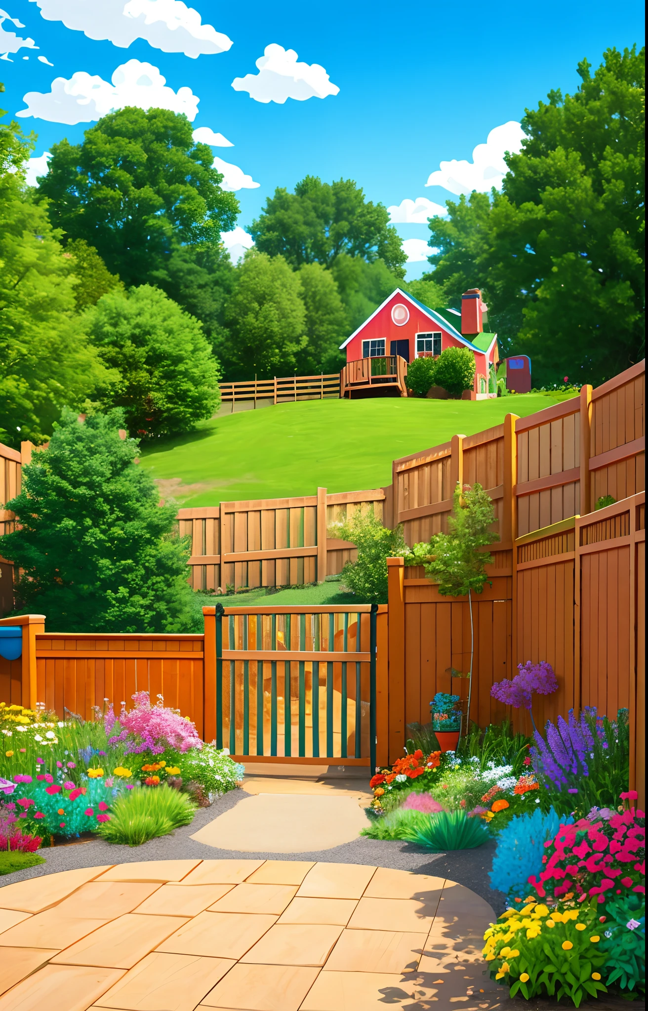 In this colorful 2D cartoon-style image prompt, we see Timmy's backyard. The main focus is on a wooden fence, which stretches across the background. The fence is vibrant and well-maintained, representing a pristine canvas.