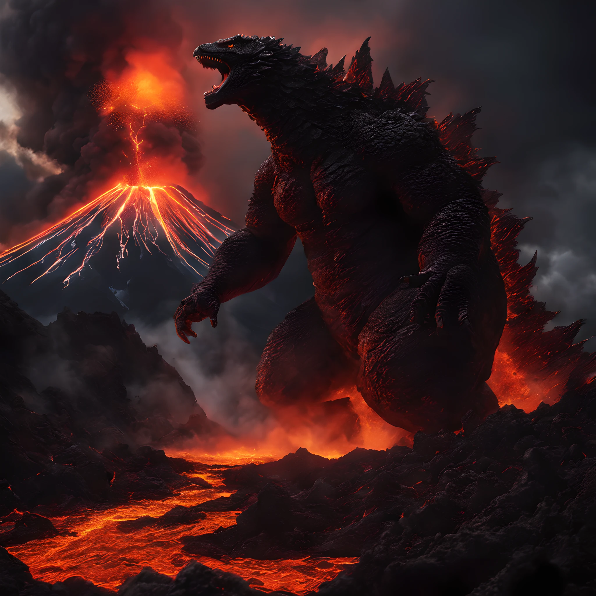 composition: Godzilla emerged from the lava flow and crater caused by the eruption of Mount Mihara Mount Mihara、High-definition images capturing the moment of the spectacular volcanic eruption。Lava flows flowing out of the crater and、Godzilla, a marvelous creature, appears from among them.。 The prompt background is、Lava flows erupting from the crater of Mount Mihara can be seen。Lava glows fiery orange、Rising as a symbol of heat and destruction。This spectacular volcanic eruption shaped the earth、Has the power to break at the same time。 Eta、From there, a mysterious presence emerges。Godzilla、A giant monster emerges from the crater、Its presence is overwhelming。Godzilla's body is black and like rock.、Its size is equivalent to that of a volcano。Godzilla's eyes show anger and power、The confrontation with the lava flow begins。 This high-definition image is、It captures the moment when the power of nature and the existence of monsters intersect。With a magnificent lava flow caused by the eruption of Mount Mihara、Godzilla's appearance、It was a phenomenal event for humanity.、It is important to record this moment。