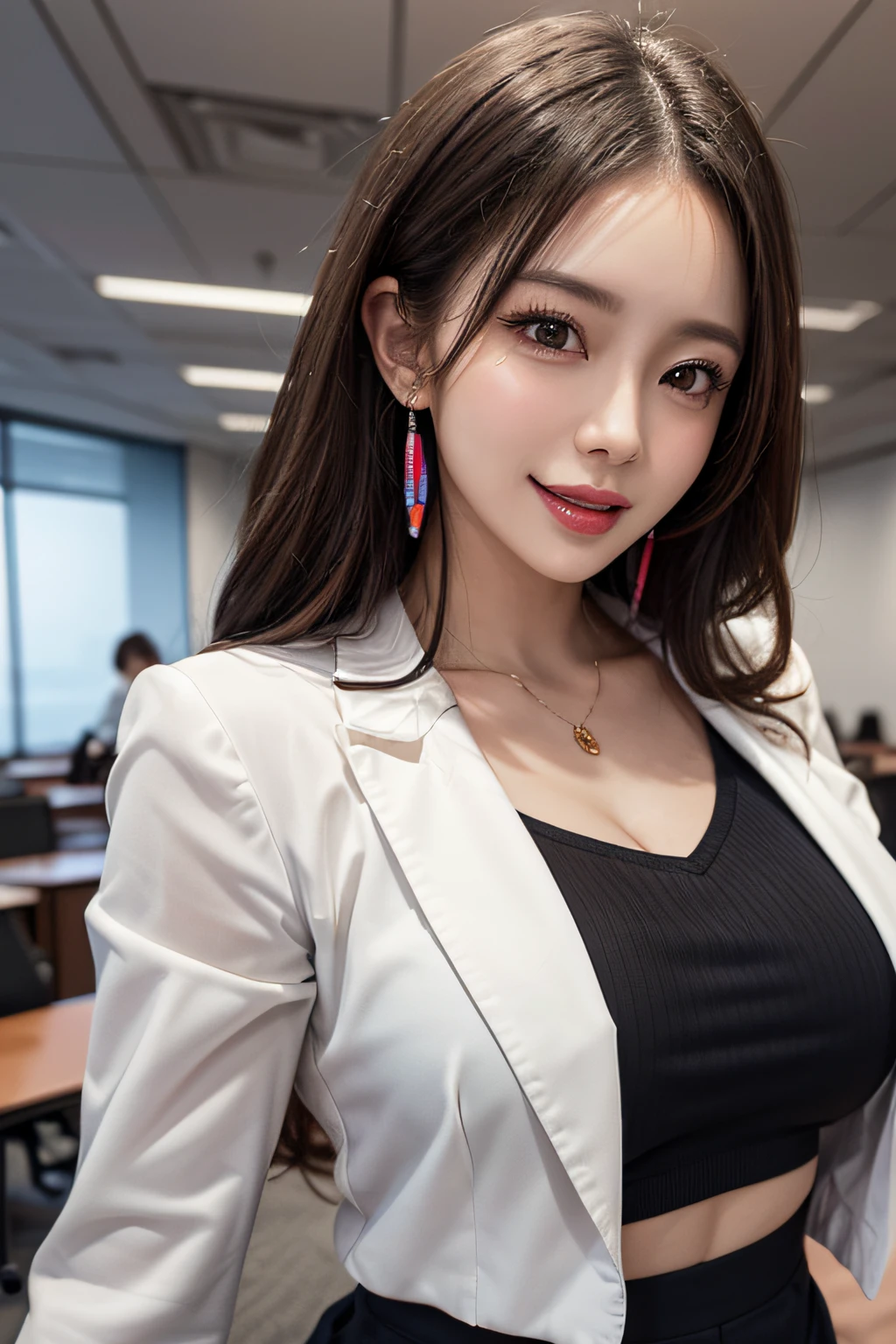 (1 Ultimate Beautiful Mature Woman)、hyperdetailed face、Detailed lips、A detailed eye、二重まぶた、Medium brunette hair, (Colorful tight mini skirt with colorful blazer and colorful blouse)、Office lady dancing in office room、((Opens mouth and laughs))、(Glamorous body)、(large full breasts)、(cowboy  shot)、perfect hand, Perfect fingers, perfect chest, Perfect fit, perfect bodies, face perfect, depth of fields、Perfect image realism, Background with:((Large conference room in the office))、In-depth background, detailed costume, Perfect litthing、Hyper-Realism、Photorealsitic、8K maximum resolution, (​masterpiece), ighly detailed, Professional