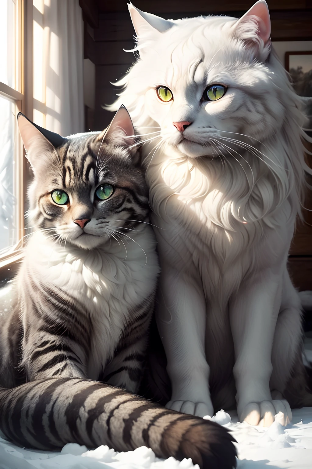 ((masterpiece, best quality, cinematic, photorealistic, ultra-detailed)), ((medium shot)), ((Forest Cat of Norway with magnificent long and thick fur in shades of silver-gray and creamy white)), in a cozy, rustic cabin interior, with warm, soft lighting streaming through a window, the bushy tail should be gracefully draped over a vintage, wooden armchair, and it should have bright, intelligent green eyes gazing out of the window, (the background should feature a snowy, forested landscape visible through the window, conveying a sense of wintery serenity)