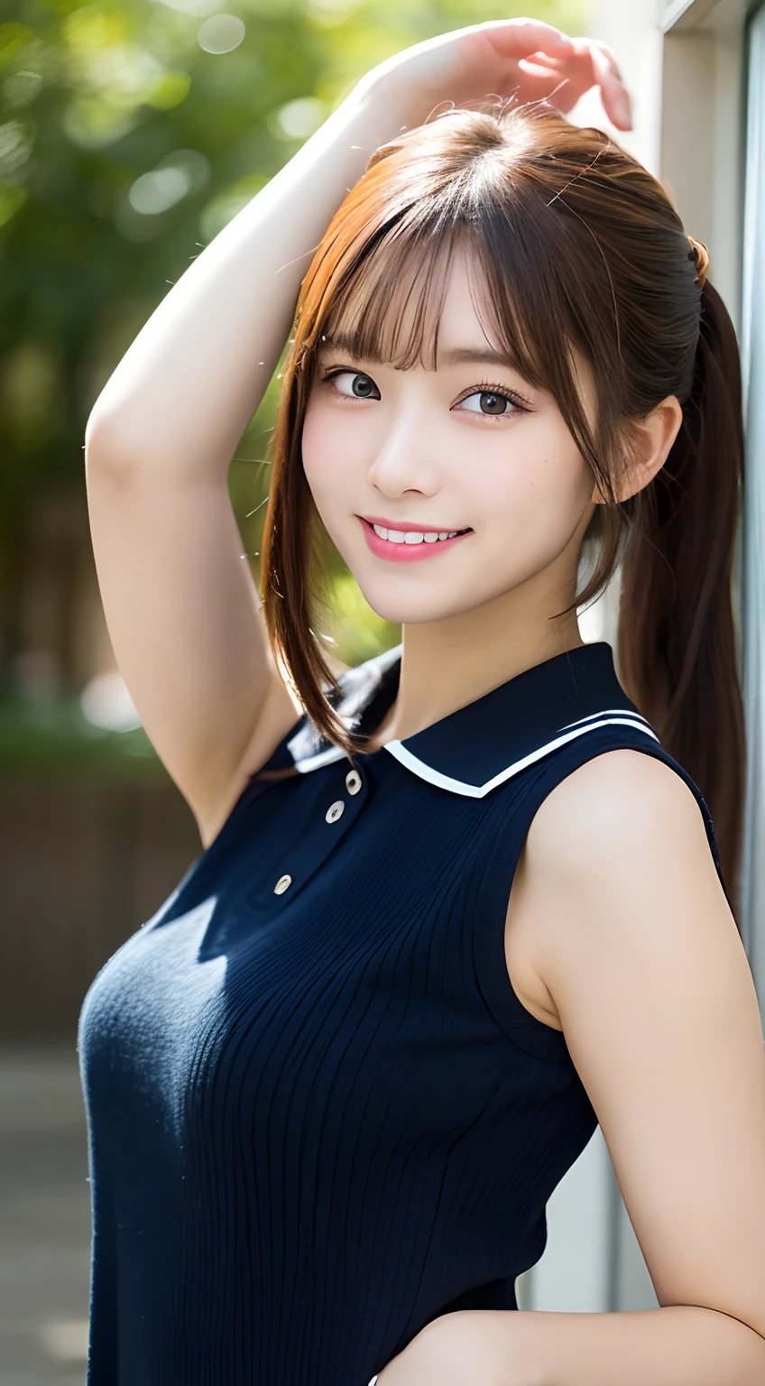 masutepiece, Best Quality, Illustration, Ultra-detailed, finely detail, hight resolution, 8K Wallpaper, Perfect dynamic composition, Beautiful detailed eyes, Women's Fashion Summer,high ponytail,small tits, Bold sexy poses,Smile,Harajuku,20 years girl,Cute,Sexy shot looking at camera,polo shirts,(Armpit)