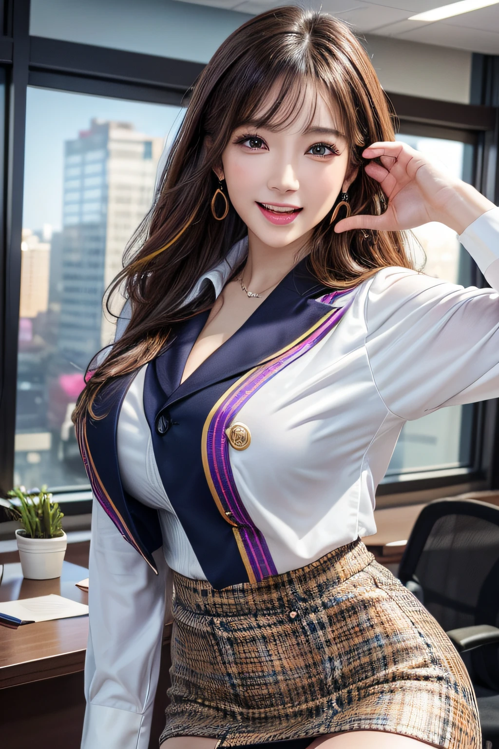 (1 Ultimate Beautiful Mature Woman)、hyperdetailed face、Detailed lips、A detailed eye、二重まぶた、Medium brunette hair, (Colorful tight mini skirt with colorful blazer and colorful blouse)、Office lady dancing in office room、((Opens mouth and laughs))、(Glamorous body)、(large full breasts)、(cowboy shot)、perfect hand, Perfect fingers, perfect chest, Perfect fit, perfect bodies, face perfect, depth of fields、Perfect image realism, Background with:((Large conference room in the office))、In-depth background, detailed costume, Perfect litthing、Hyper-Realism、Photorealsitic、8K maximum resolution, (masterpiece), ighly detailed, Professional