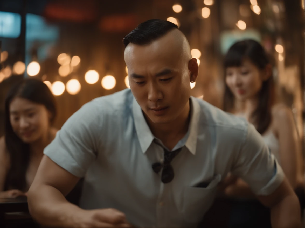An Asian bald man in a short-sleeved shirt at a Chinese karaoke shop。This man was very rich, and he was surrounded by young women in short skirts that covered his hips，The man was covered in tattoos，Medium build，Several women held him，And he sings with a microphone。