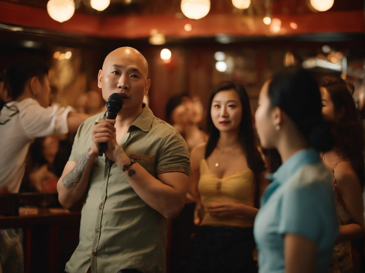 An Asian bald man in a short-sleeved shirt at a Chinese karaoke shop。This man was very rich, and he was surrounded by young women in short skirts that covered his hips，The man was covered in tattoos，Medium build，Several women held him，And he sings with a microphone。