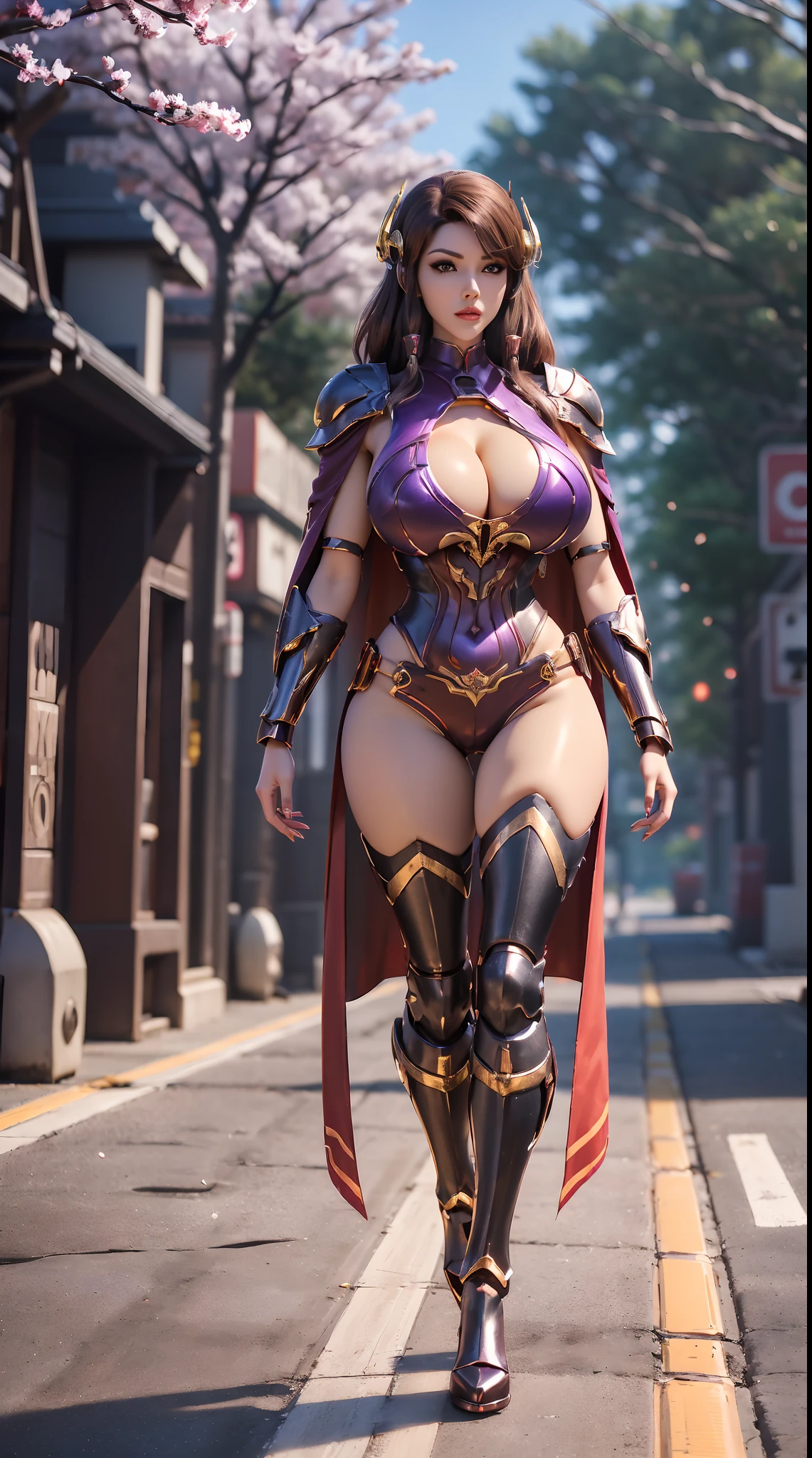 1GIRL, SOLO, (ssmile, makeup, beautifull eyes, red libs, brown hair, gold dragon helm), (HUGE FAKE BOOBS:1.3), (GUARD ARM), (black, purple, IN FUTURISTIC DRAGON ARMOR, GIRL IN MECHA CYBER ARMOR, ROYAL CAPE, CLEAVAGE, BLACK SKINTIGHT HOTPANTS, HIGH HEELS:1.5), (SLENDER BODY, SEXY LONG LEGS, FULL BODY:1.5), (LOOKING AT VIEWER:1), (WALKING DOWN ON STREET NIGHT CHERRY TREES:1.3), PHYSICALLY-BASED RENDERING, ULTRA HIGHT DEFINITION, 8K, 1080P.