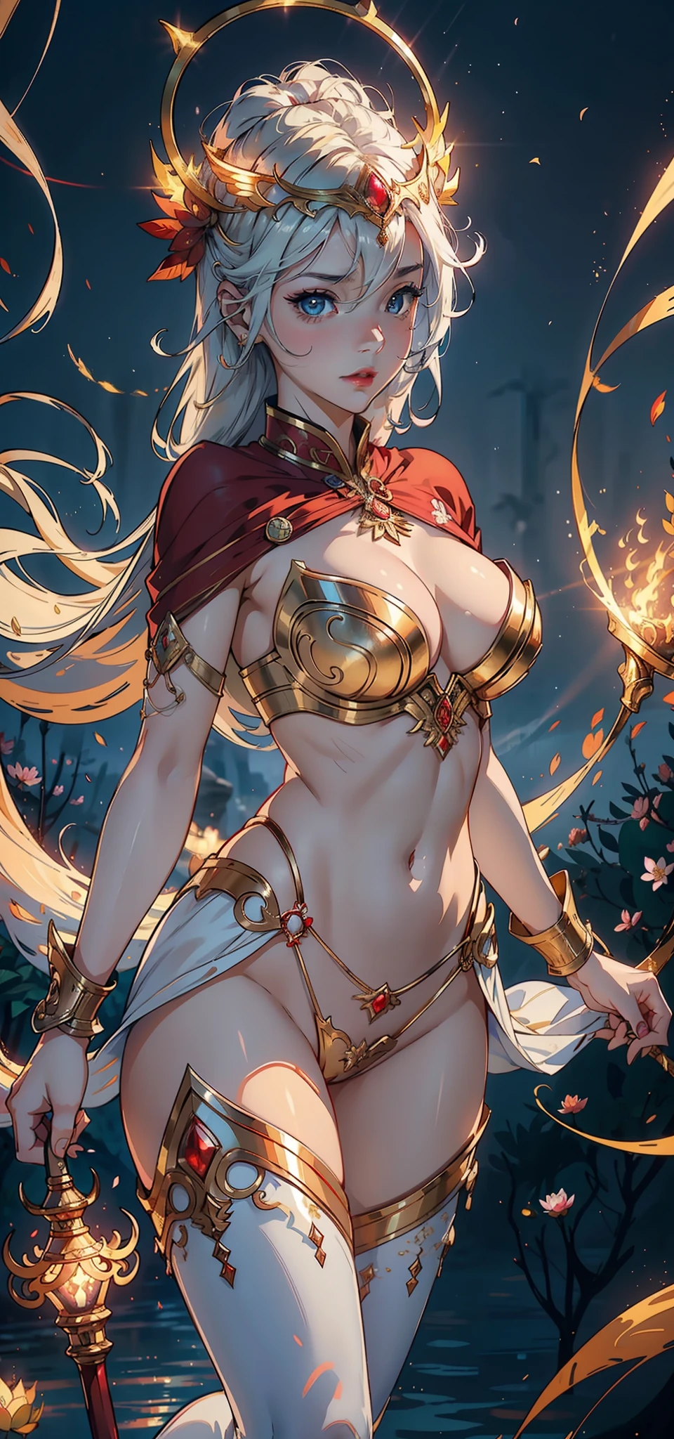 1female，Married Woman，A MILF，熟妇，mature，extremely large bosom，plumw（Background with：lakes，Cherry blossom forest，lotus flower）Lie underwater， She has long white hair，seen from the front，mostly cloudy sky，（（（tmasterpiece），（Very detailed CG unity 8K wallpaper），best qualtiy，cinmatic lighting，detailed back ground，beatiful detailed eyes，Bright pupils，Blue eyes，Snow-whiteskin，Redlip（Very fine and beautiful），（Beautiful and detailed eye description），ultra - detailed，tmasterpiece，））facing at camera，A high resolution，ultra - detailed），revealing breasts，Bare genitalia，  Bulge，legs are open，Raised sexy，Camel toes，Desire for dissatisfaction，frontage，Battle Angel，Armed with a flame sword，，angelic halo，Armour，Gold wire embroidery（Wearing ：hijabi sluty，Bare breasts，Bare lower body，nakeness，Armour，shelmet， Gold holy clothes，Red cape）