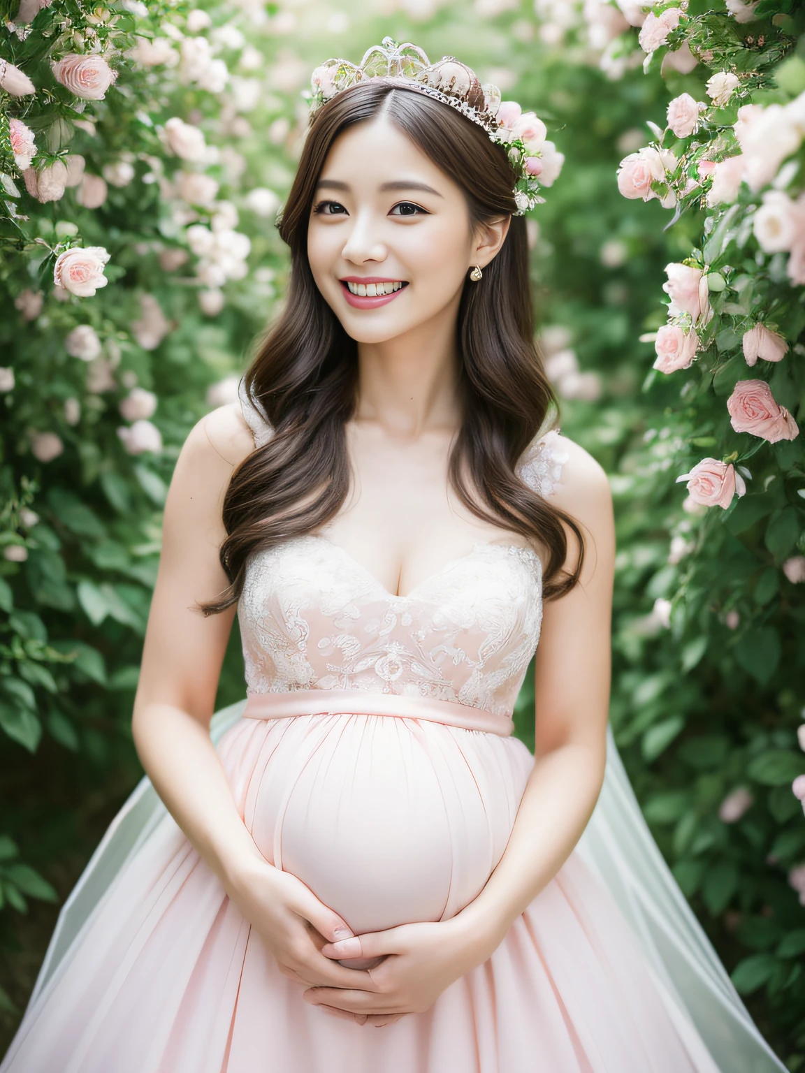 ((1 pregnant woman,One bride,1 Brides Pregnant,1 pregnant woman,Japan pregnant women,Pregnant,Pregnant women in Japan,Pregnant women,Pregnancy,Japan pregnant women,Big belly,Very big belly)),(Smile here,View here,Looking at the camera),finerly detailed face,Lifelike face,Clean teeth,White teeth,perfect teeth,A slight smil,beautiful tiara,Tiara tiara and jewelry,Sparkling tiara,8K、hightquality、The best images、beautiful image、flower gardens、(Flower Tunnel,Arch of roses,Flower Arch,A large amount of roses,surrounded by flower,a large amount of flowers,Pink and white roses,numerous roses,Pink roses,white roses,A bride surrounded by flowers)、Hanayome 1 person、A slight smil、wedding dress、Fantastical(best qualtiy,8K,32K,tmasterpiece,,realisticlying,Very detailed, hyper HD:1.2), Under the peach blossom tree,Exquisite hands,A young and beautiful beauty stood there,Feet on green grass,Petals are falling on the lawn,She is tall,Slender figure exudes confidence and grace, delicate, fair skin like snow,,Long hair swaying in the breeze,eyes are dark brown,God brightly々Right,There was clarity and a hint of affection in her eyes,Slender eyebrows,ruddy lips,Hefty Smile, Wearing a purple slip dress,The skirt is embroidered with delicate flowers,She wore a delicate ribbon around her waist,A green wreath is worn on his head,The wreath is dotted with small pale pink flowers and green leaves
