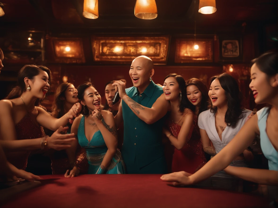 a financially successful Asian bald man in a Chinese karaoke bar, surrounded by young beautiful women wearing mini-skirts. The man is covered in tattoos and has a medium build. Several women are holding onto him as he sings into a microphone.

Medium: realistic, detailed illustrations
Additional details: vibrant atmosphere, karaoke machine, colorful stage lights, lively music, luxurious decorations, stylish furniture
Image quality: best quality, high-res, ultra-detailed
Art style: portraits, photography
Color palette: rich and vibrant colors
Lighting: dynamic and dramatic lighting effects, spotlight on the man singing